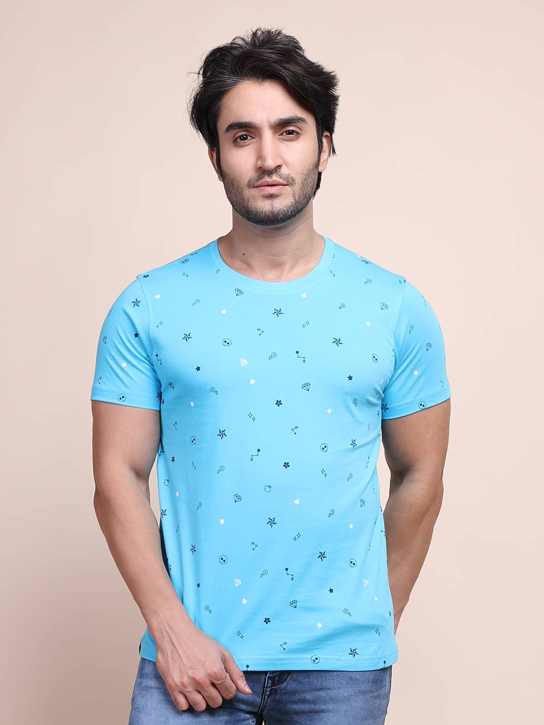 BERRYBLUES Cotton Blend Regular Fit Printed Half Sleeves Men's Round T-Shirt - Sky Blue ( Pack of 1 ) BERRYBLUES Cotton Blend Regular Fit Printed Half Sleeves Men's Round T-Shirt - Sky Blue ( Pack of 1 )
