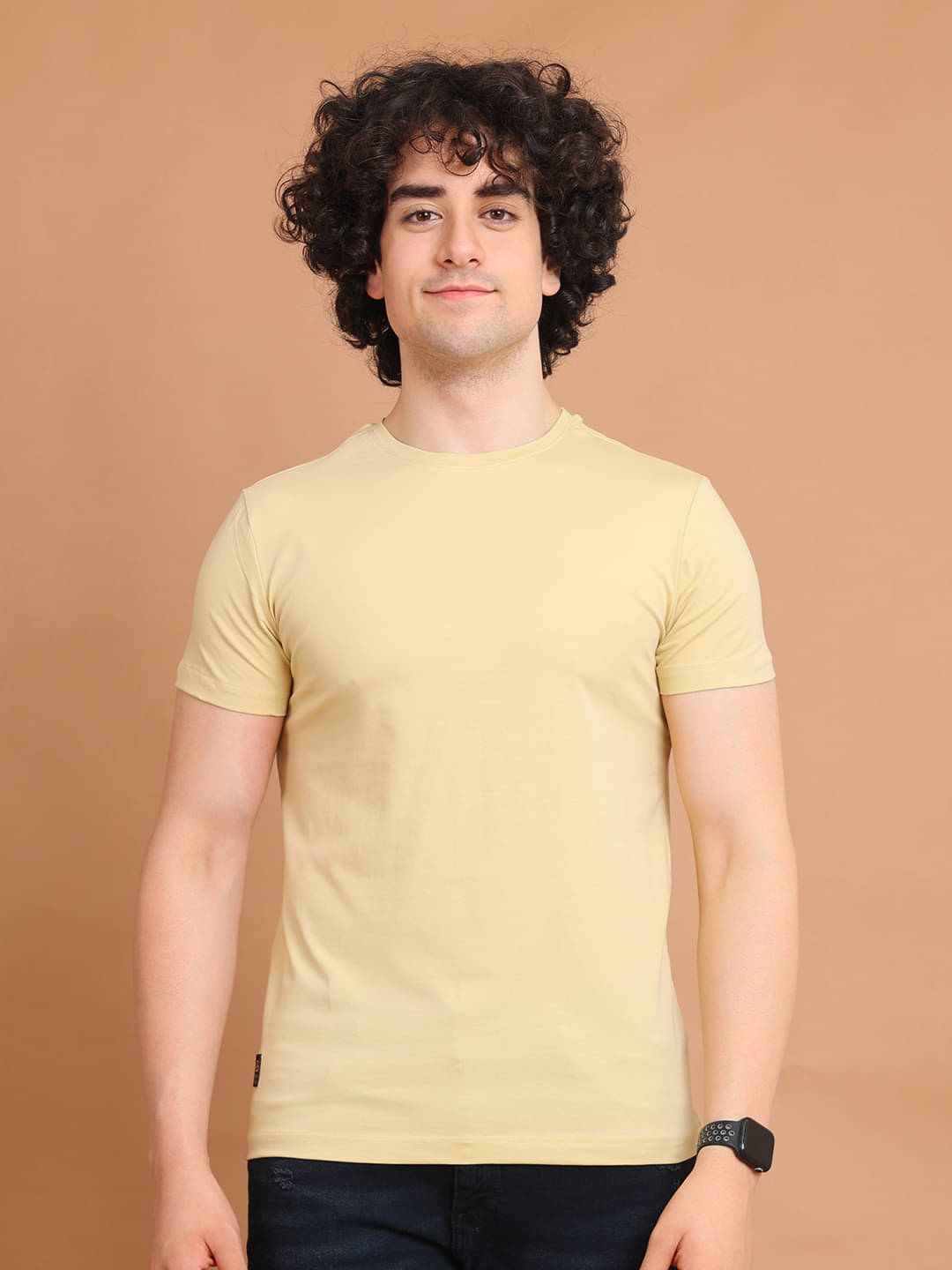     			BERRYBLUES Cotton Blend Regular Fit Solid Half Sleeves Men's Round T-Shirt - Beige ( Pack of 1 )