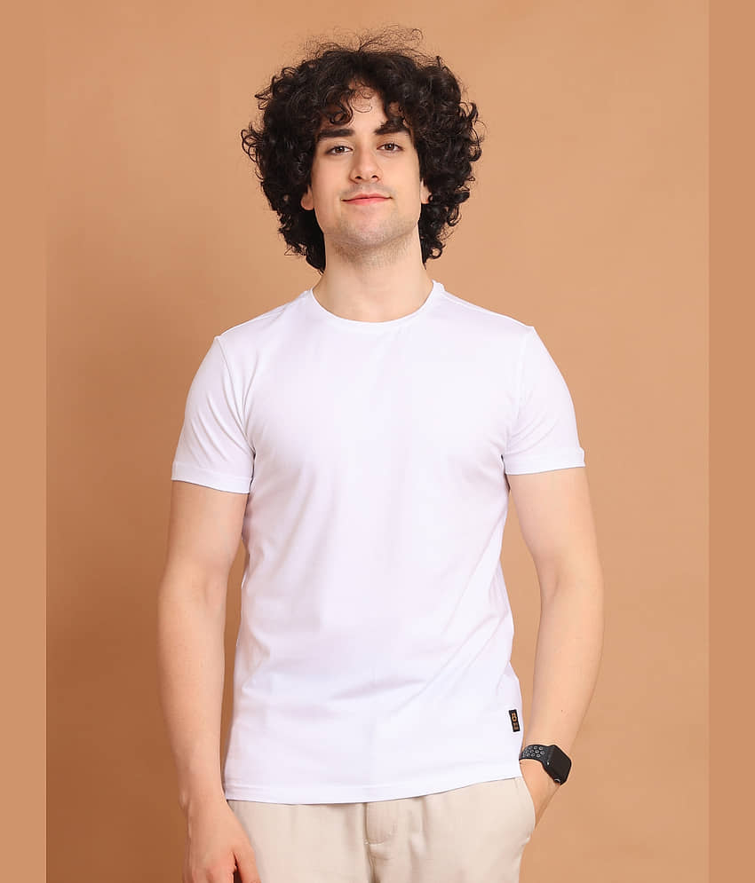 BERRYBLUES Cotton Blend Regular Fit Solid Half Sleeves Men's Round T-Shirt - White ( Pack of 1 )