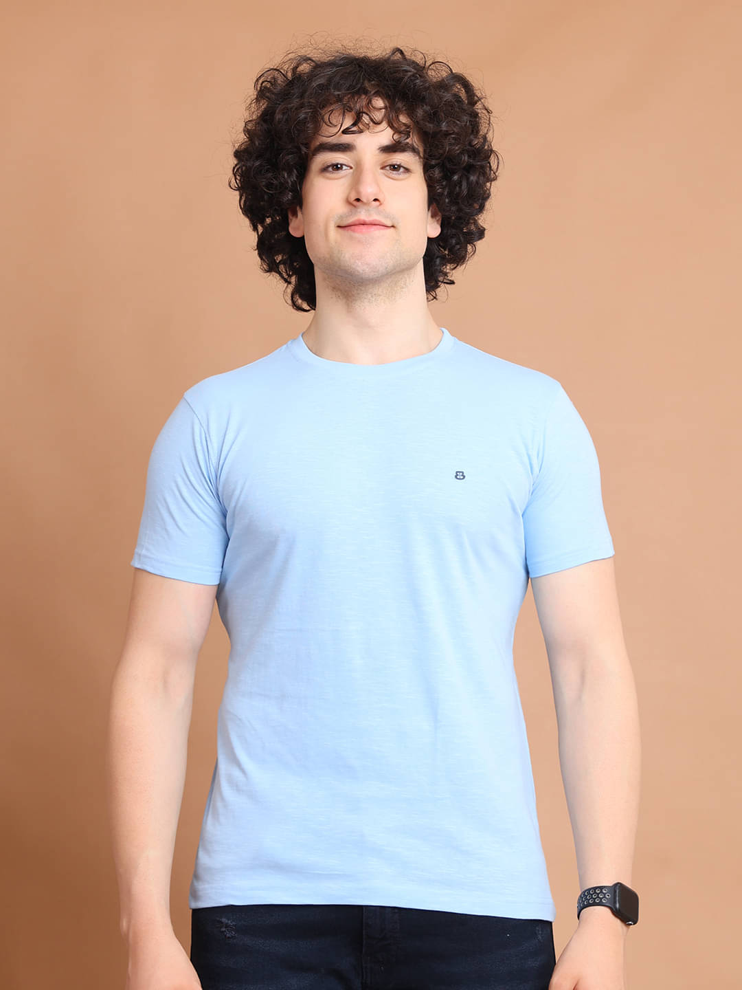BERRYBLUES Cotton Regular Fit Self Design Half Sleeves Men's Round T-Shirt - Sky Blue ( Pack of 1 )     			BERRYBLUES Cotton Regular Fit Self Design Half Sleeves Men's Round T-Shirt - Sky Blue ( Pack of 1 )