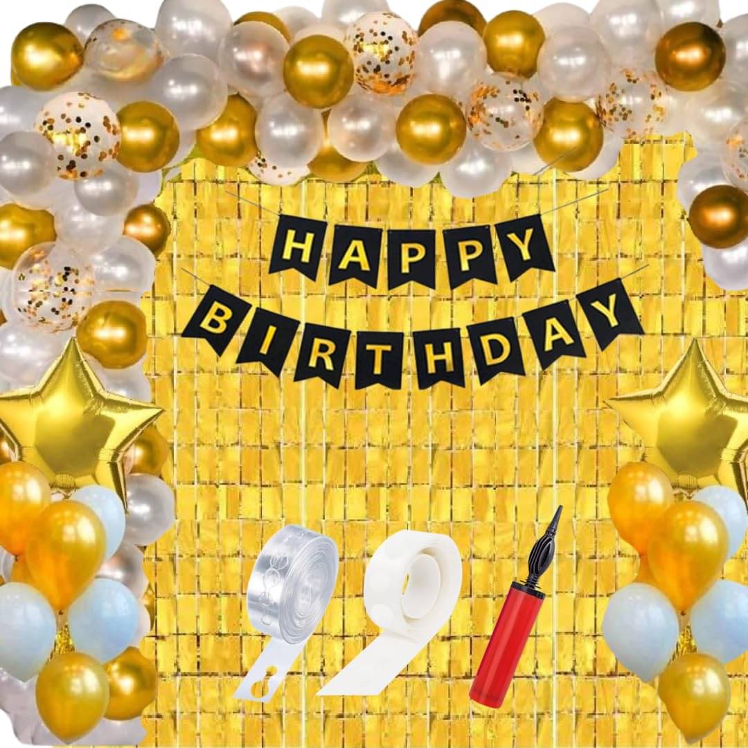 HK balloons 63 pcs set birthday decoration items set Happy Birthday Banner balloon arch set with confetti balloon pump and square curtains Birthday Decorations Kit For Golden Themed Boy Girl husband HK balloons 63 pcs set birthday decoration items set Happy Birthday Banner balloon arch set with confetti balloon pump and square curtains Birthday Decorations Kit For Golden Themed Boy Girl husband