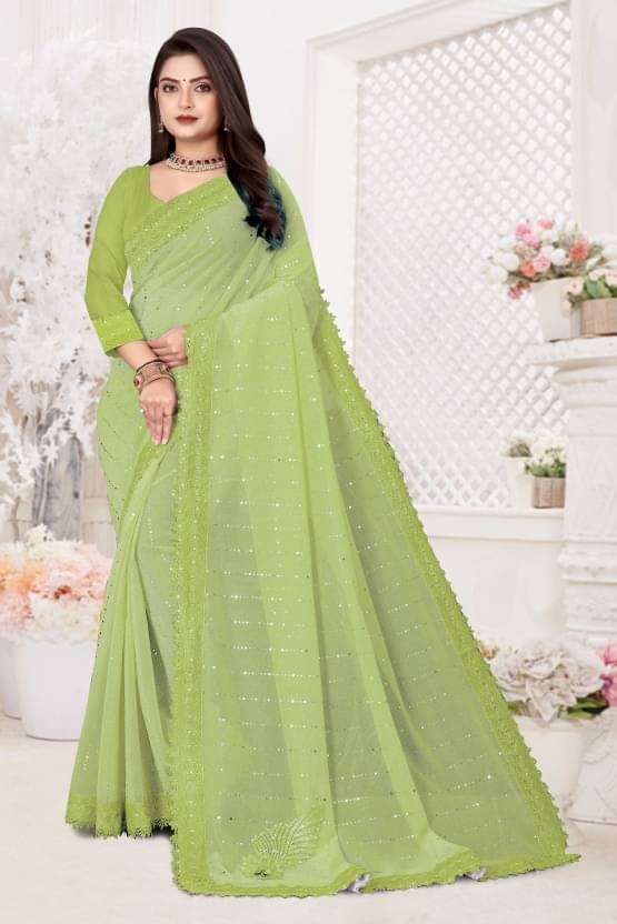     			JULEE Lycra Embellished Saree With Unstitched Blouse Piece ( Sea Green )