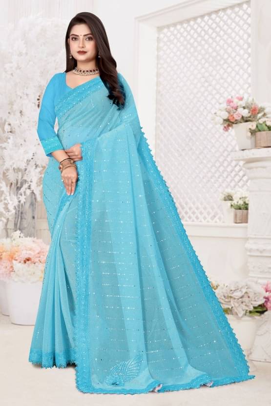 JULEE Lycra Embellished Saree With Unstitched Blouse Piece ( SkyBlue ) JULEE Lycra Embellished Saree With Unstitched Blouse Piece ( SkyBlue )