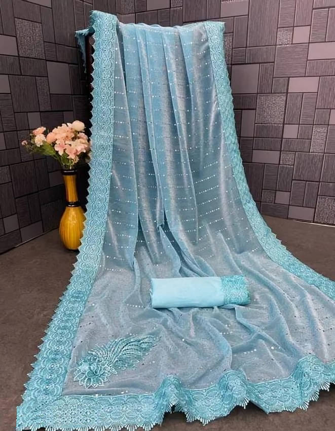 JULEE Lycra Embellished Saree With Unstitched Blouse Piece ( SkyBlue ) JULEE Lycra Embellished Saree With Unstitched Blouse Piece ( SkyBlue )