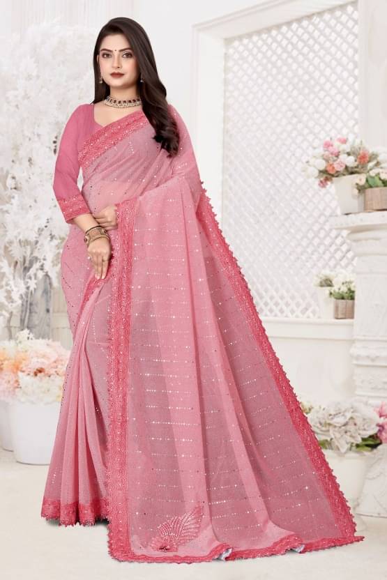     			JULEE Lycra Embellished Saree With Unstitched Blouse Piece ( Rose Gold )
