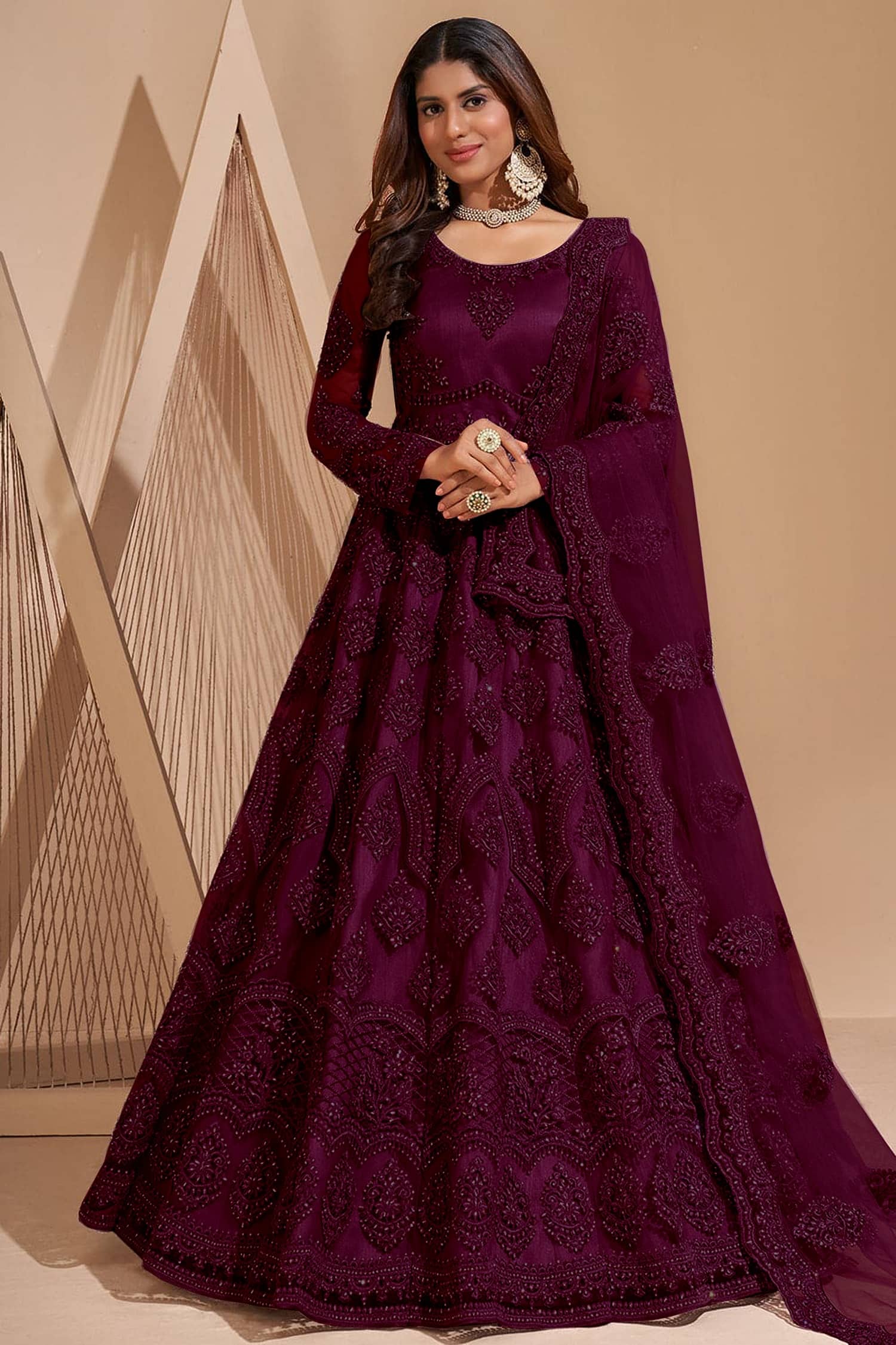 JULEE Peach Flared Net Women's Semi Stitched Ethnic Gown ( Pack of 1 ) - Unstitched Fabrics | Buy online on ZillyBuy