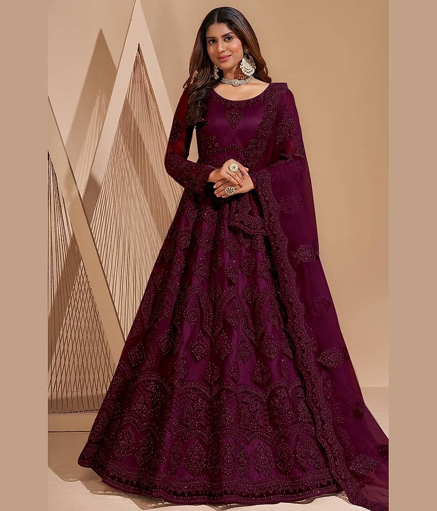JULEE Peach Flared Net Women's Semi Stitched Ethnic Gown ( Pack of 1 ) - Unstitched Fabrics | Buy online on ZillyBuy