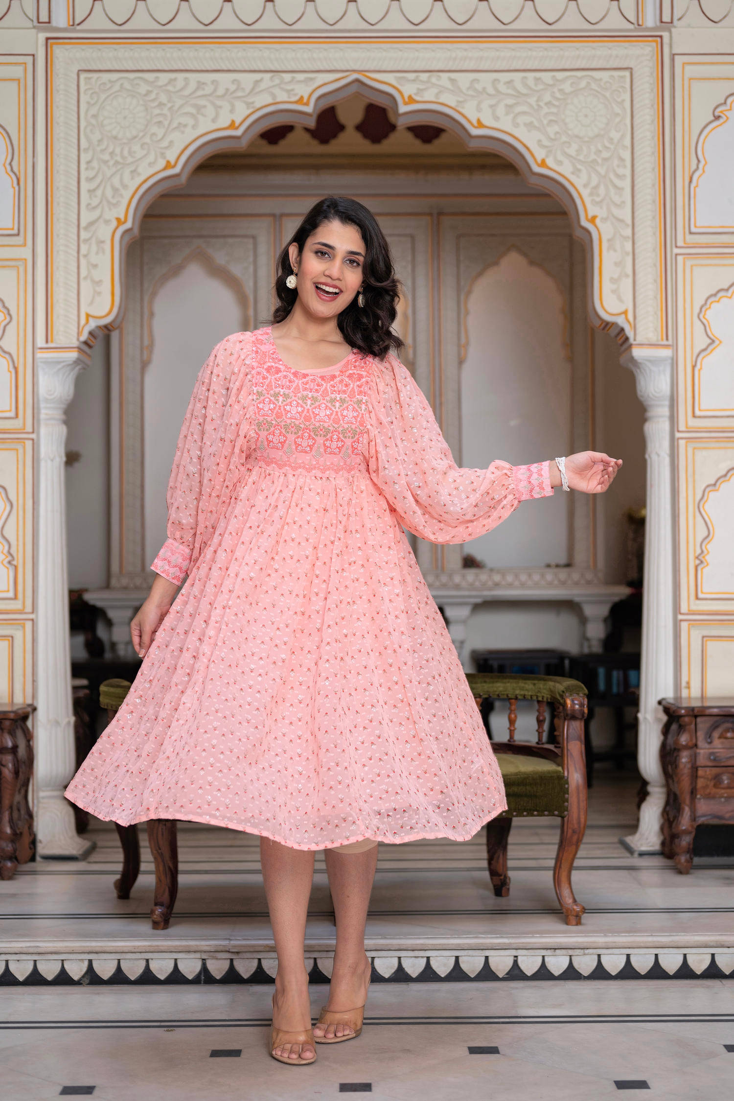     			Juniper Women Georgette Printed Ethnic Dress ( Peach )