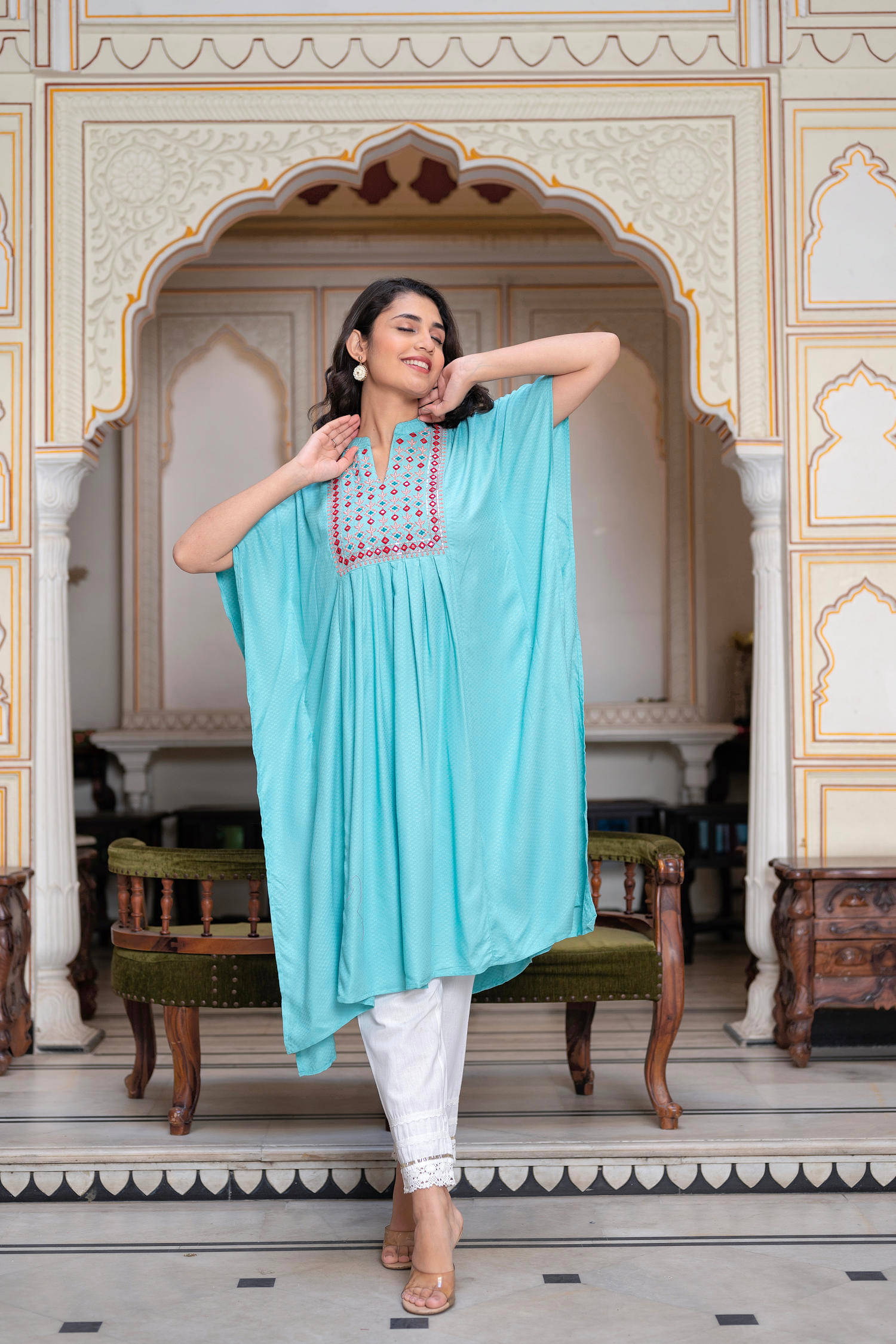     			Juniper Pack of 1 Rayon Embroidered Kaftan Women's Kurti - ( Blue )