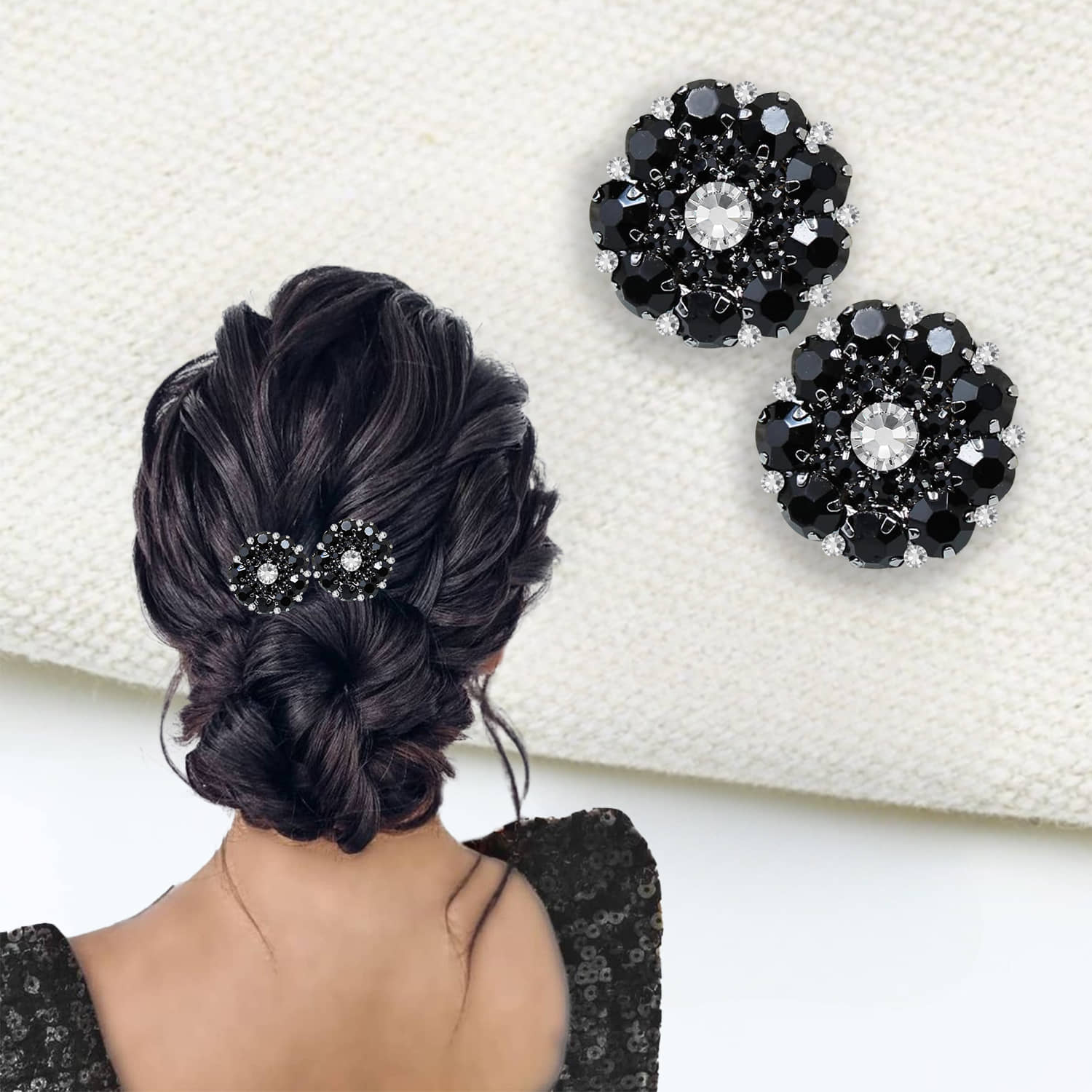 Stylish Black Crystal Hair Clip - Rhinestone French Barrette, 2Pcs - Jewellery Sets | Buy online on ZillyBuy
