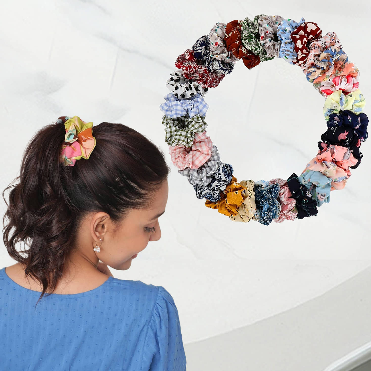 Premium Printed Satin Scrunchies Hair Ties , 12Pcs (Multi) - Jewellery Sets | Buy online on ZillyBuy
