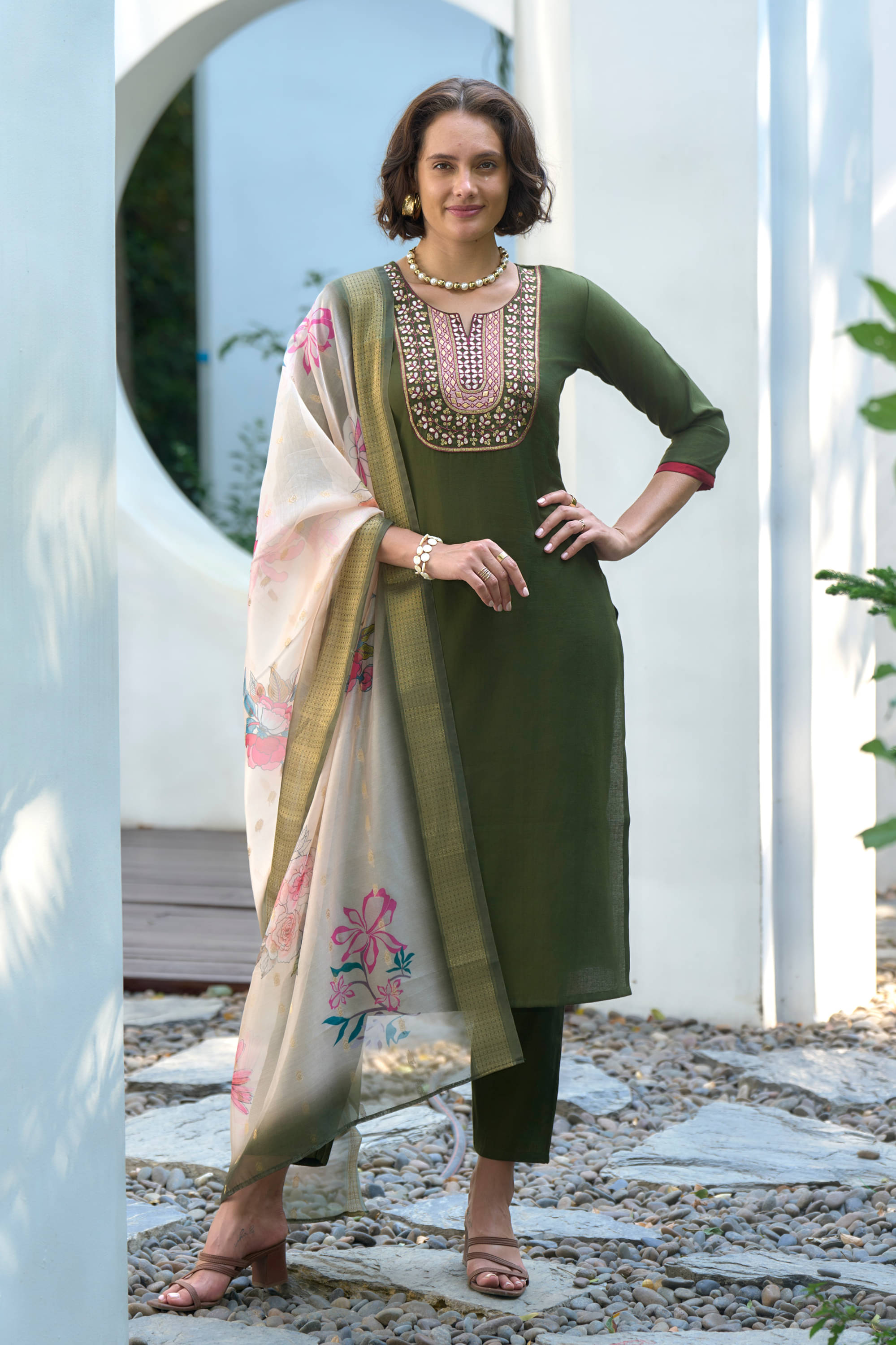     			MOJILAA Silk Embroidered Kurti With Pants Women's Stitched Salwar Suit - Green ( Pack of 1 )