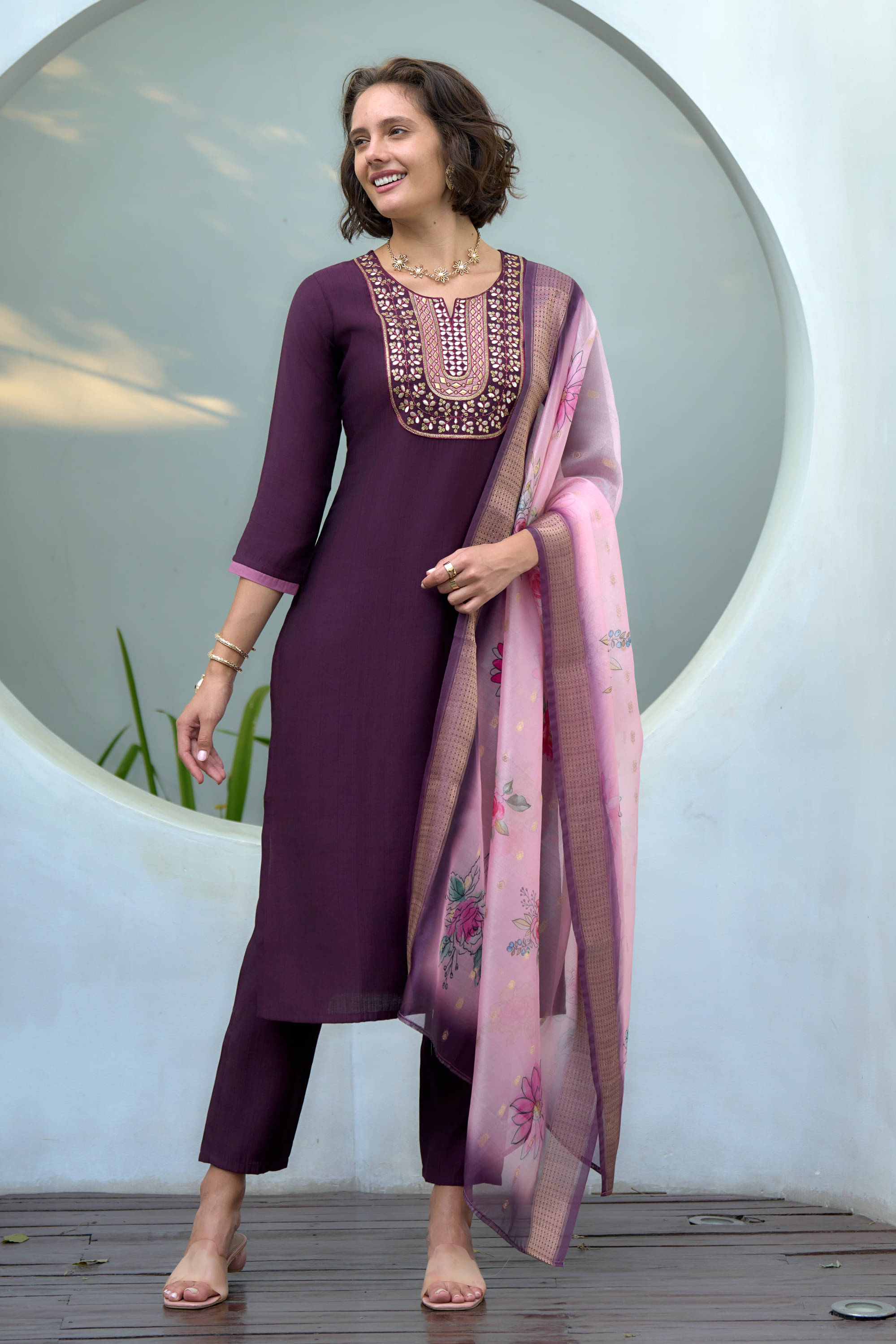     			MOJILAA Silk Embroidered Kurti With Pants Women's Stitched Salwar Suit - Purple ( Pack of 1 )