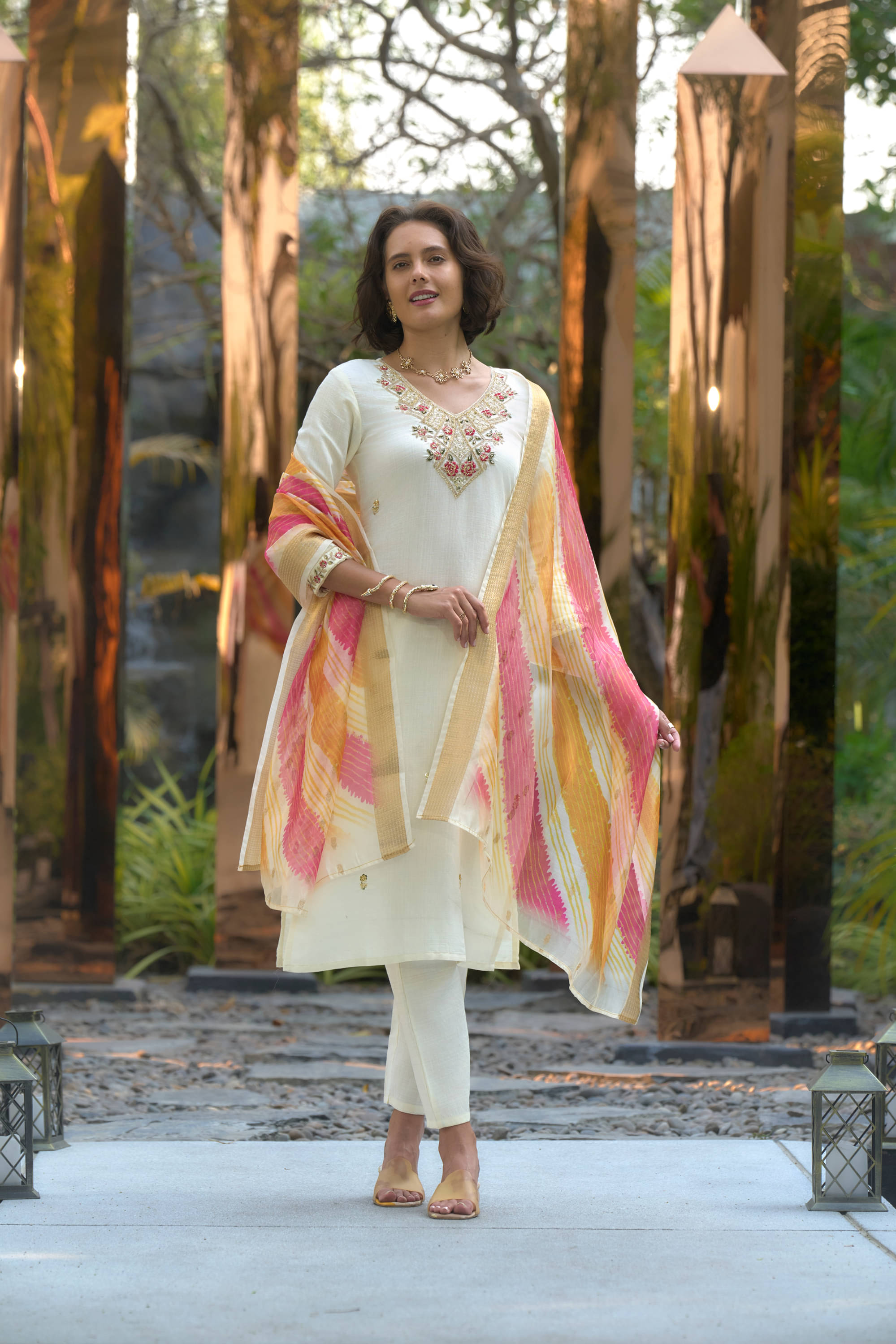     			MOJILAA Silk Embroidered Kurti With Pants Women's Stitched Salwar Suit - White ( Pack of 1 )