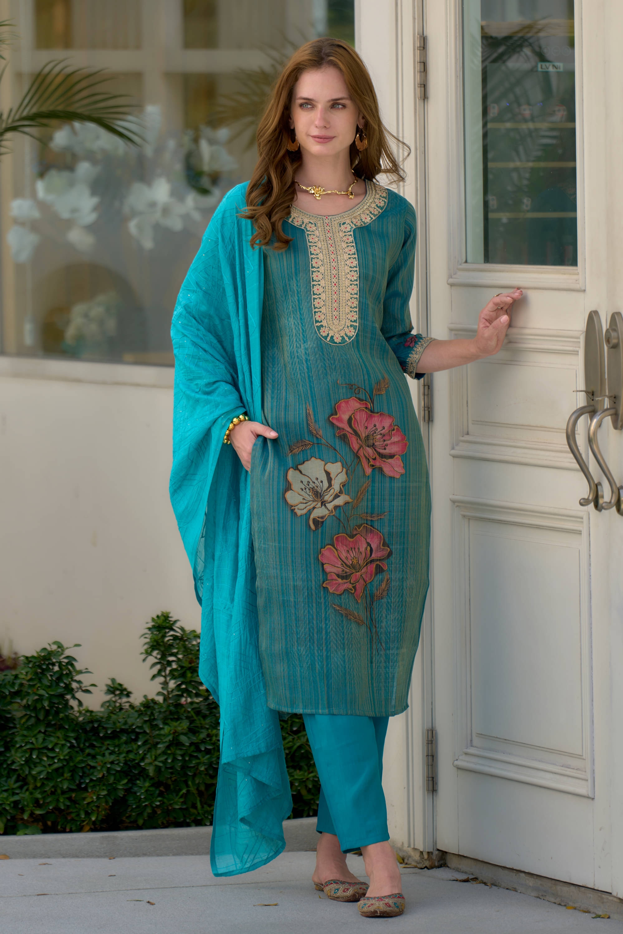 MOJILAA Silk Printed Kurti With Pants Women's Stitched Salwar Suit - Turquoise ( Pack of 1 ) MOJILAA Silk Printed Kurti With Pants Women's Stitched Salwar Suit - Turquoise ( Pack of 1 )