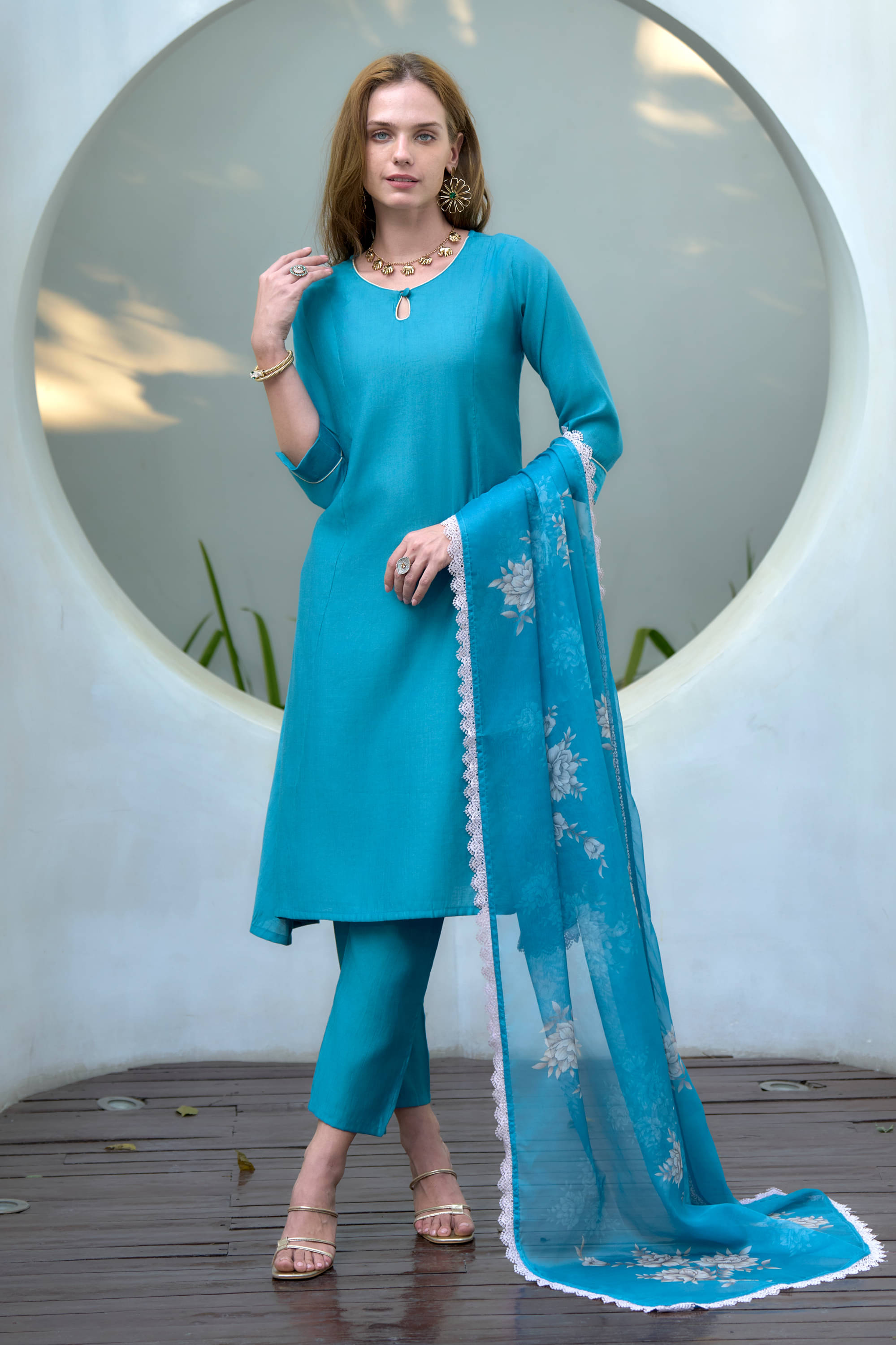     			MOJILAA Silk Solid Kurti With Pants Women's Stitched Salwar Suit - Blue ( Pack of 1 )