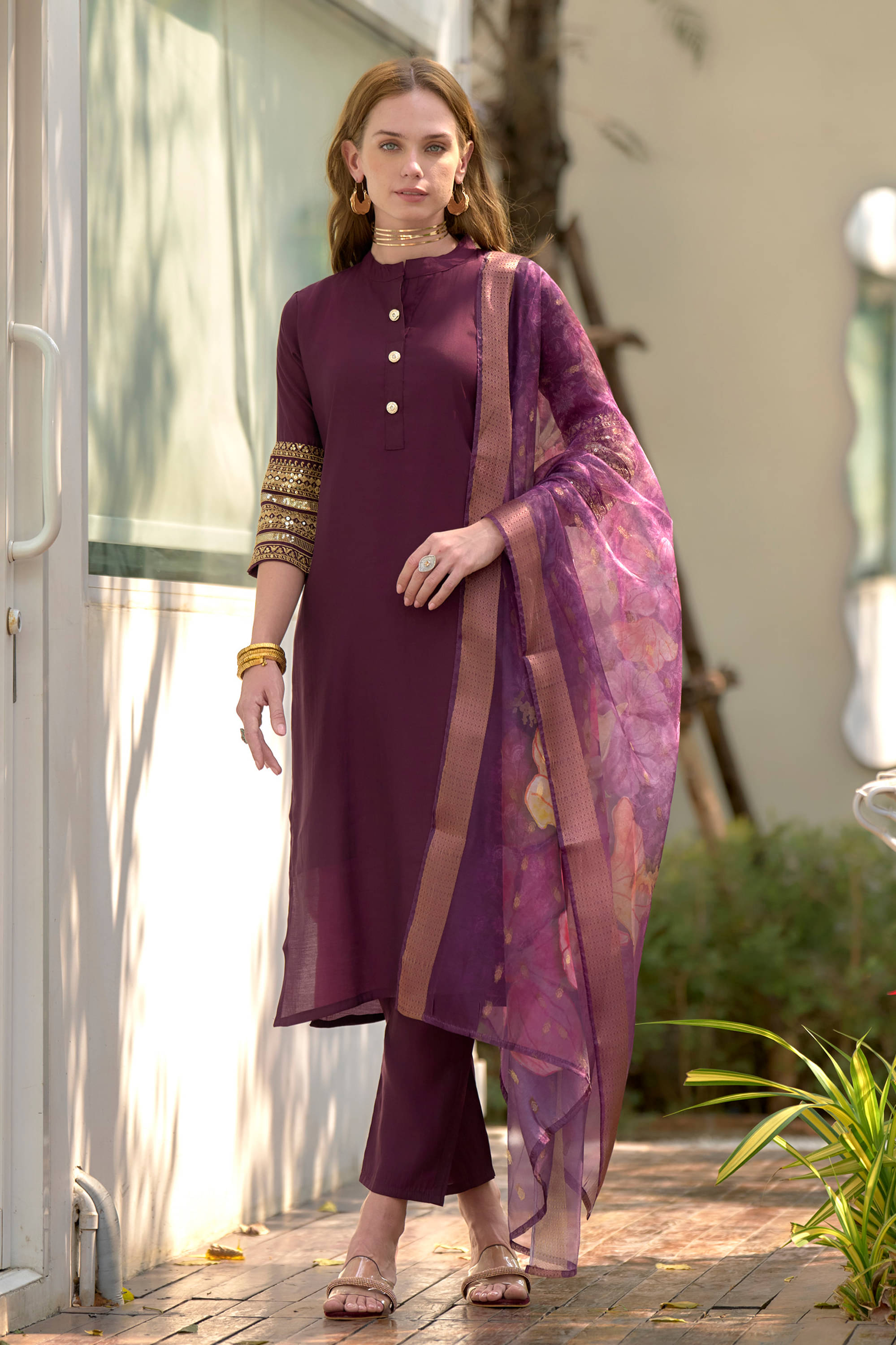     			MOJILAA Silk Solid Kurti With Pants Women's Stitched Salwar Suit - Wine ( Pack of 1 )