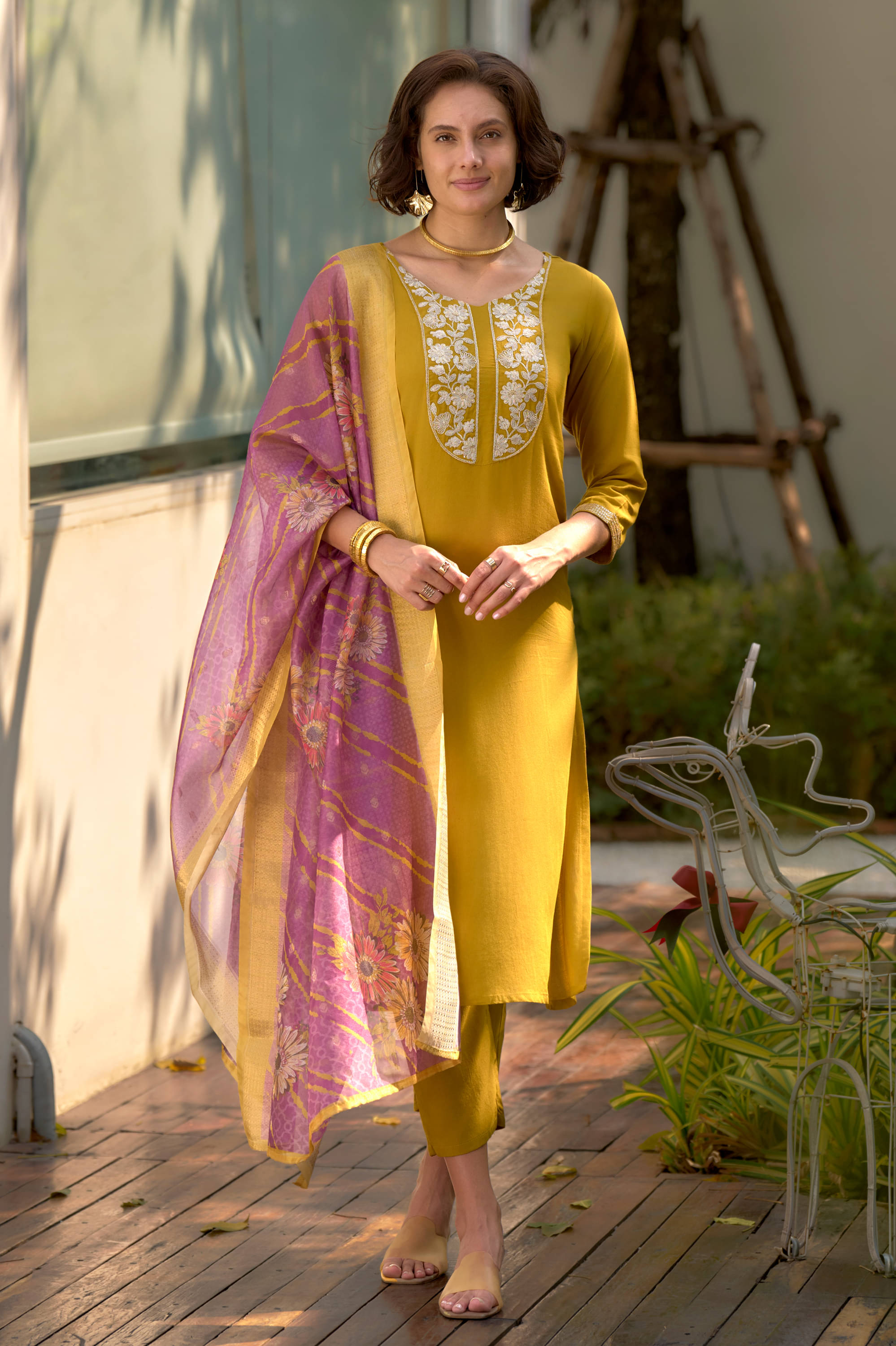     			MOJILAA Viscose Embroidered Kurti With Pants Women's Stitched Salwar Suit - Mustard ( Pack of 1 )