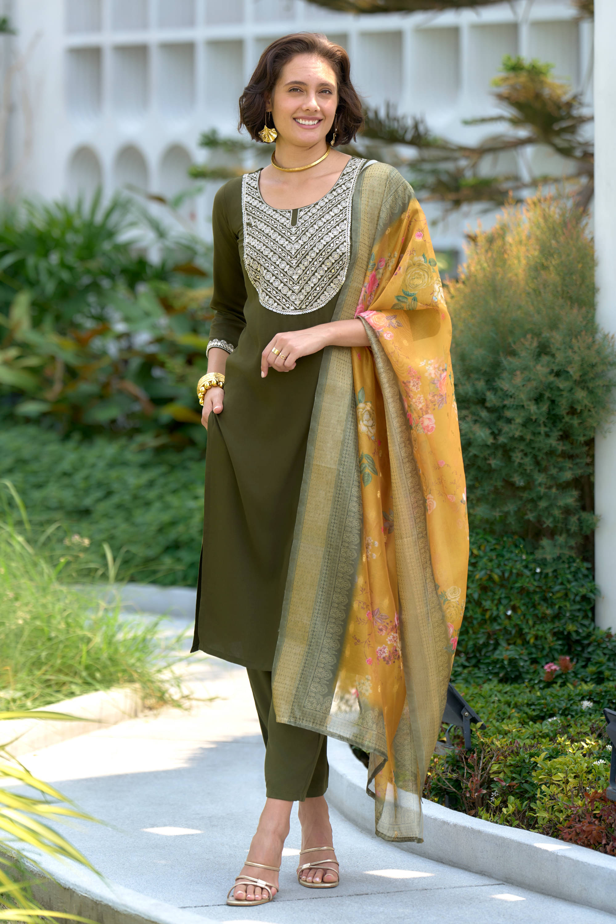     			MOJILAA Viscose Embroidered Kurti With Pants Women's Stitched Salwar Suit - Dark Green ( Pack of 1 )