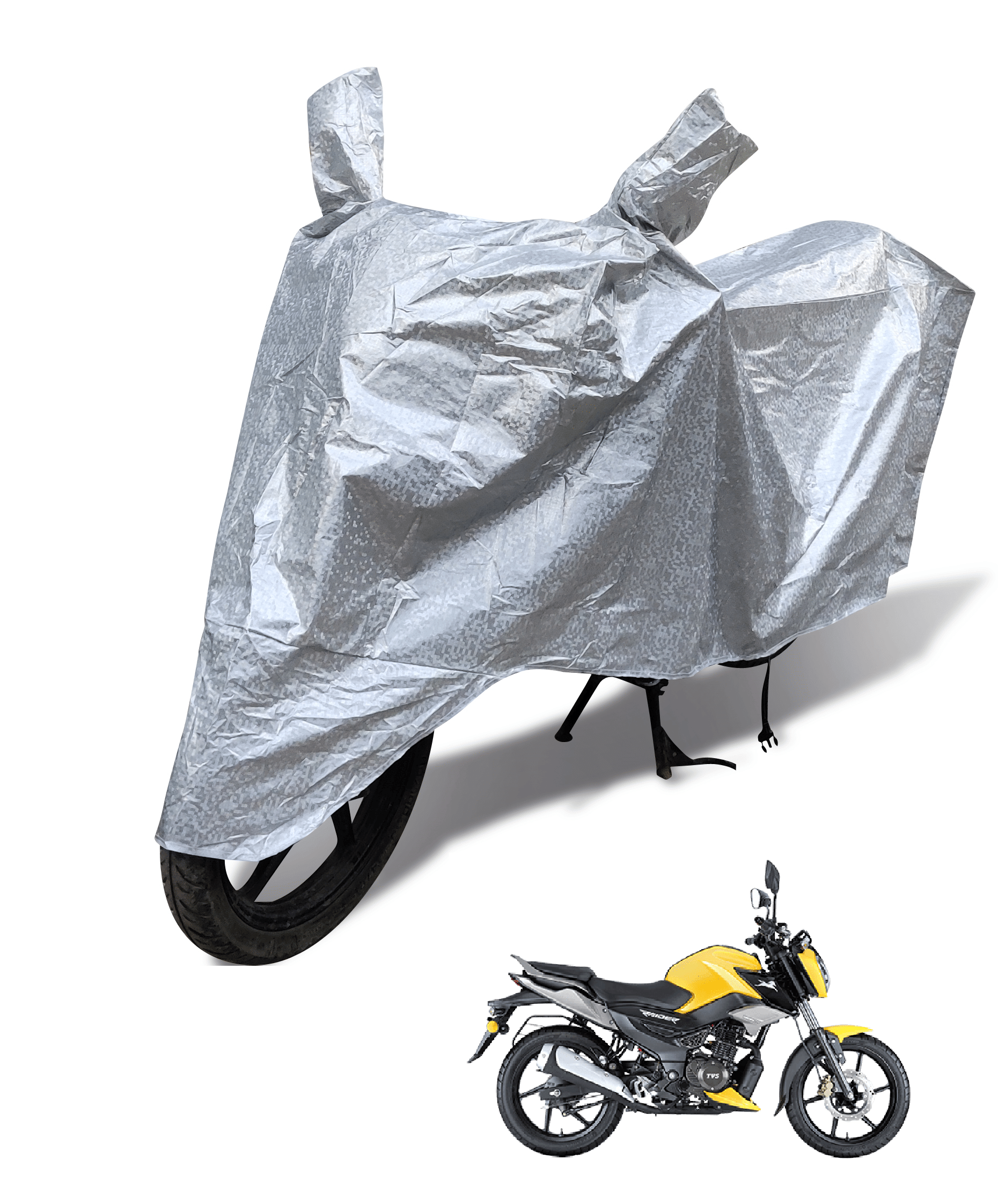 Mockhe Bike Body Cover for TVS All Bike Models ( Pack of 1 ) , Silver     			Mockhe Bike Body Cover for TVS All Bike Models ( Pack of 1 ) , Silver