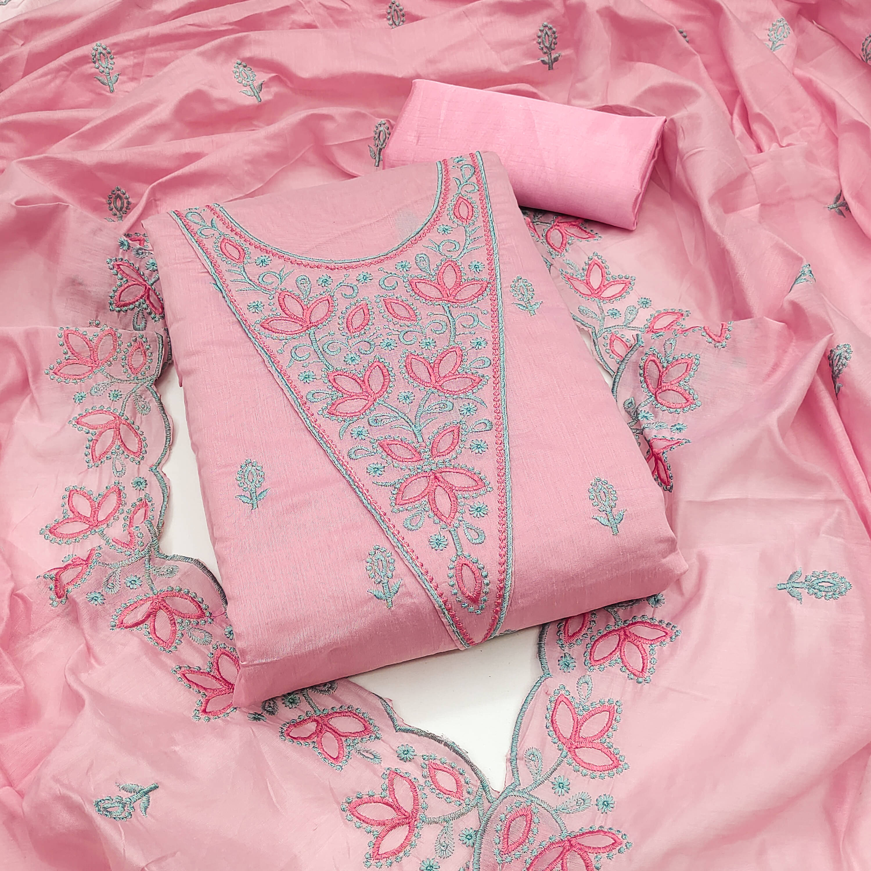     			Nayanthara Trends Unstitched Chanderi Embroidered Dress Material - Pink ( Pack of 1 )