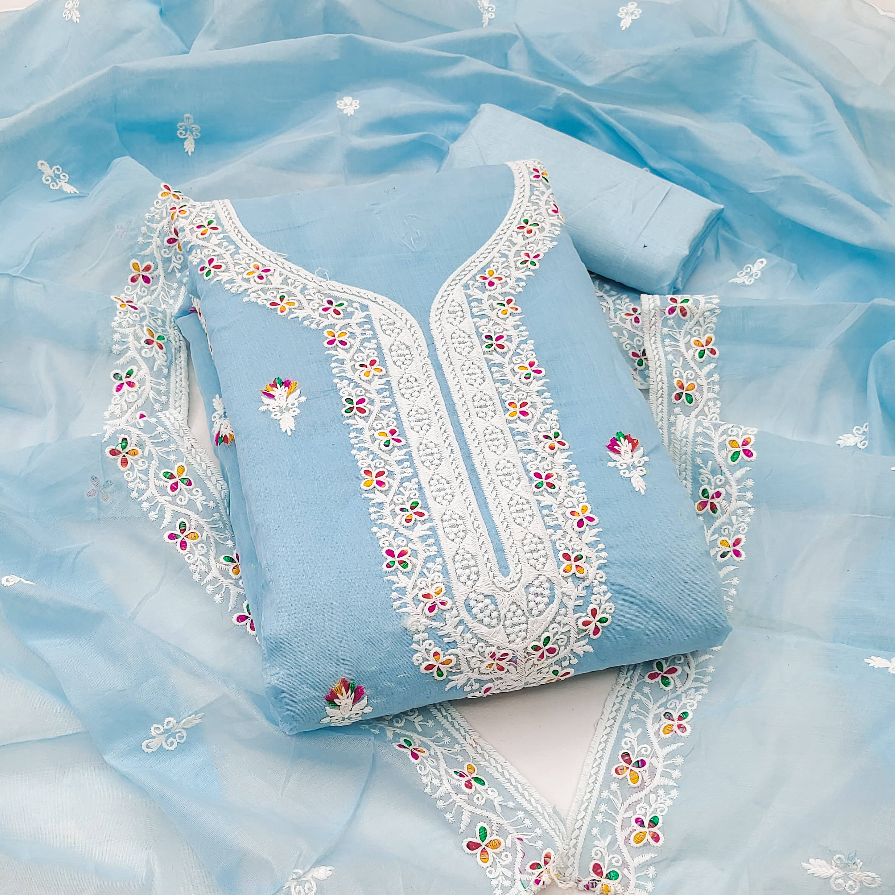 Nayanthara Trends Unstitched Chanderi Embroidered Dress Material - Blue ( Pack of 1 ) Nayanthara Trends Unstitched Chanderi Embroidered Dress Material - Blue ( Pack of 1 )