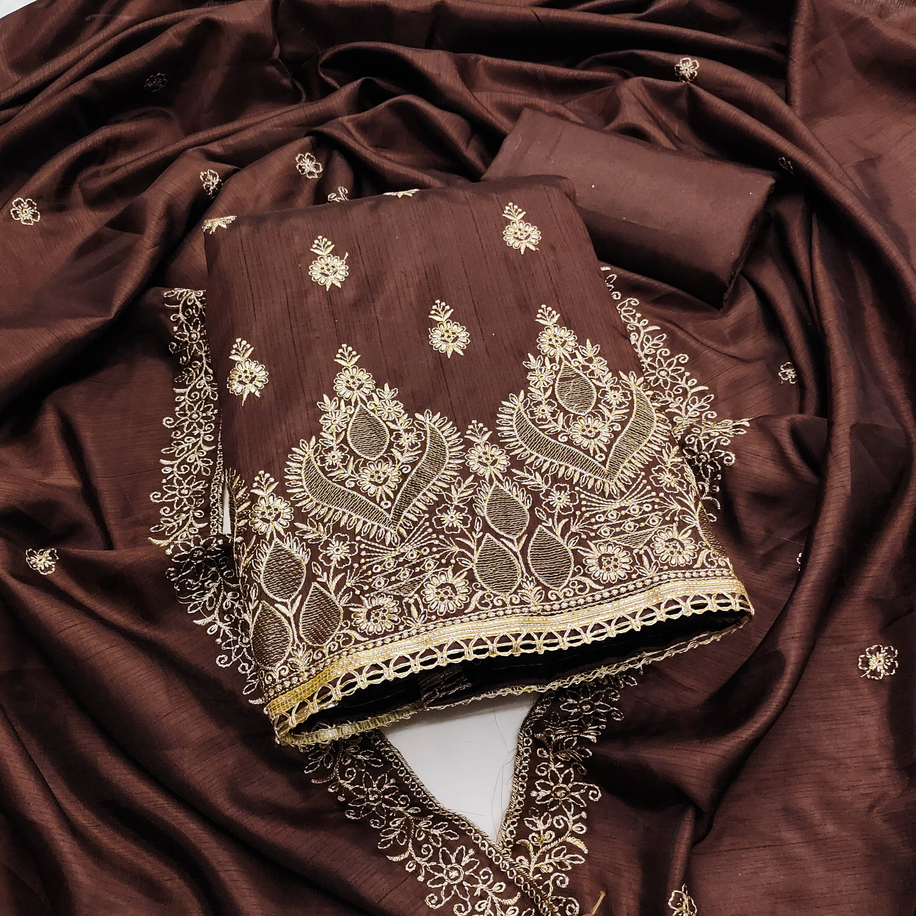     			Nayanthara Trends Unstitched Cotton Embroidered Dress Material - Brown ( Pack of 1 )