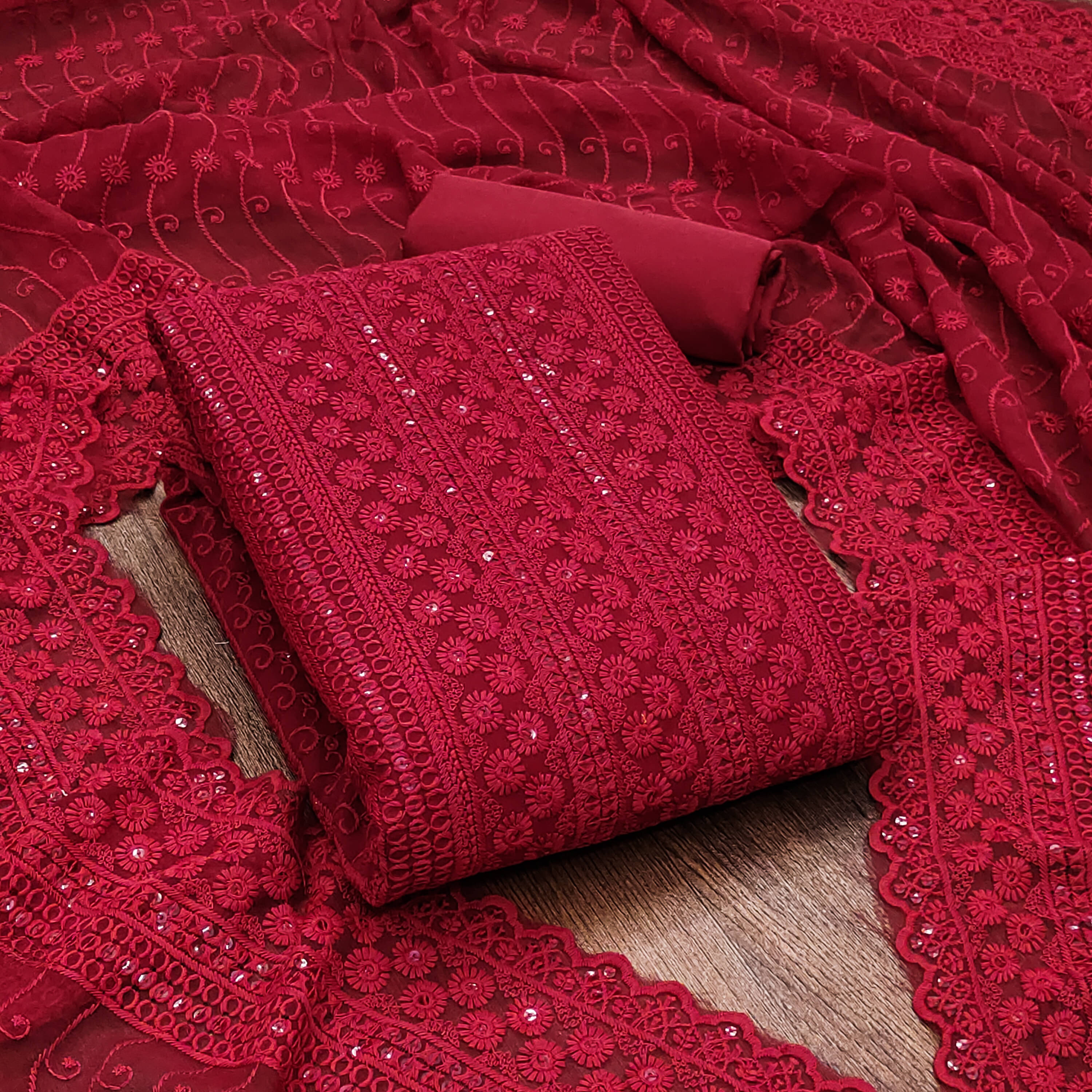     			Nayanthara Trends Unstitched Georgette Embroidered Dress Material - Maroon ( Pack of 1 )