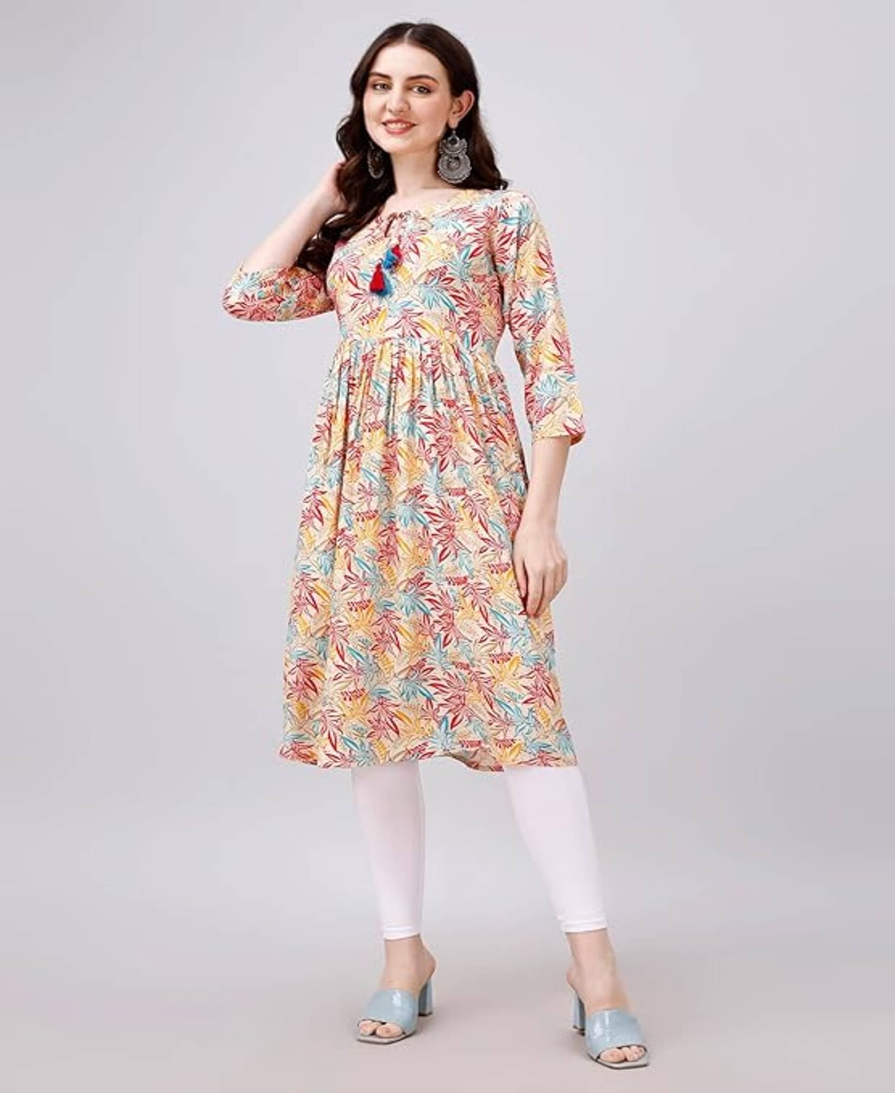 Obf Pack of 1 Rayon Printed A-line Women's Kurti - ( Red & Yellow ) Obf Pack of 1 Rayon Printed A-line Women's Kurti - ( Red & Yellow )