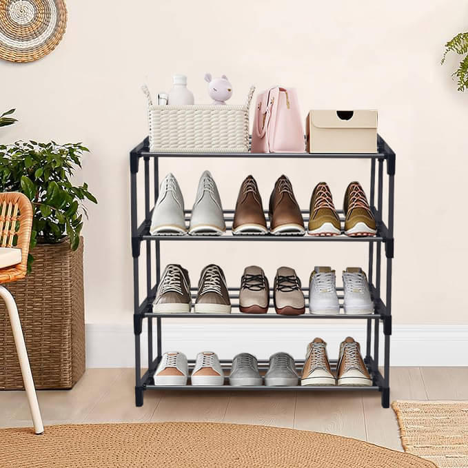     			PHILOSHOP 4 Layer Open Shoe Rack With Metal Pipe Shoe Stand Storage for Home & Office (Silver)