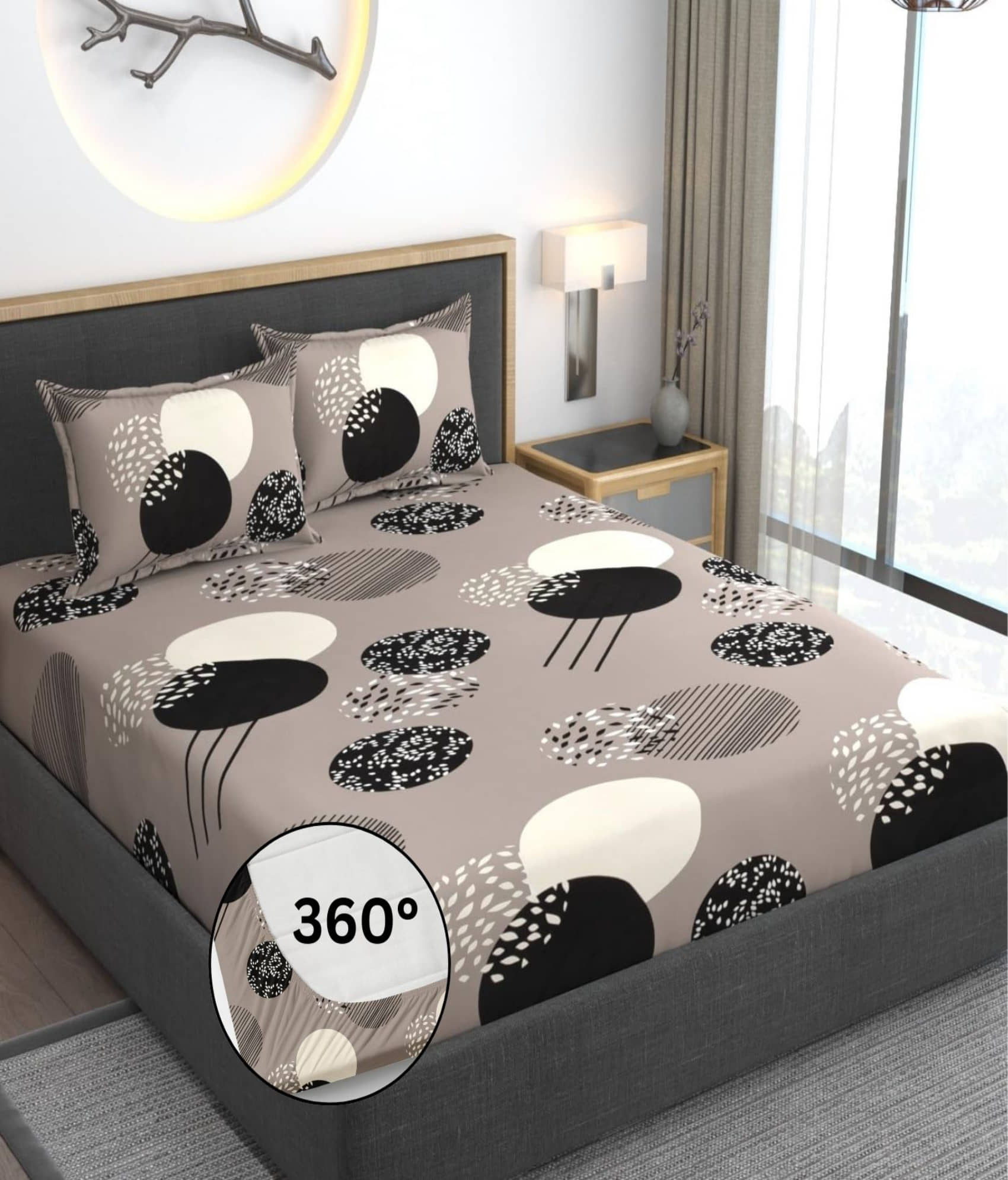 SWIZIER Cotton Geometric Printed Fitted ( King Size ) - Beige