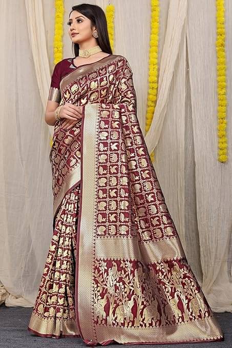 Samai Silk Woven Saree With Unstitched Blouse Piece ( Maroon ) Samai Silk Woven Saree With Unstitched Blouse Piece ( Maroon )