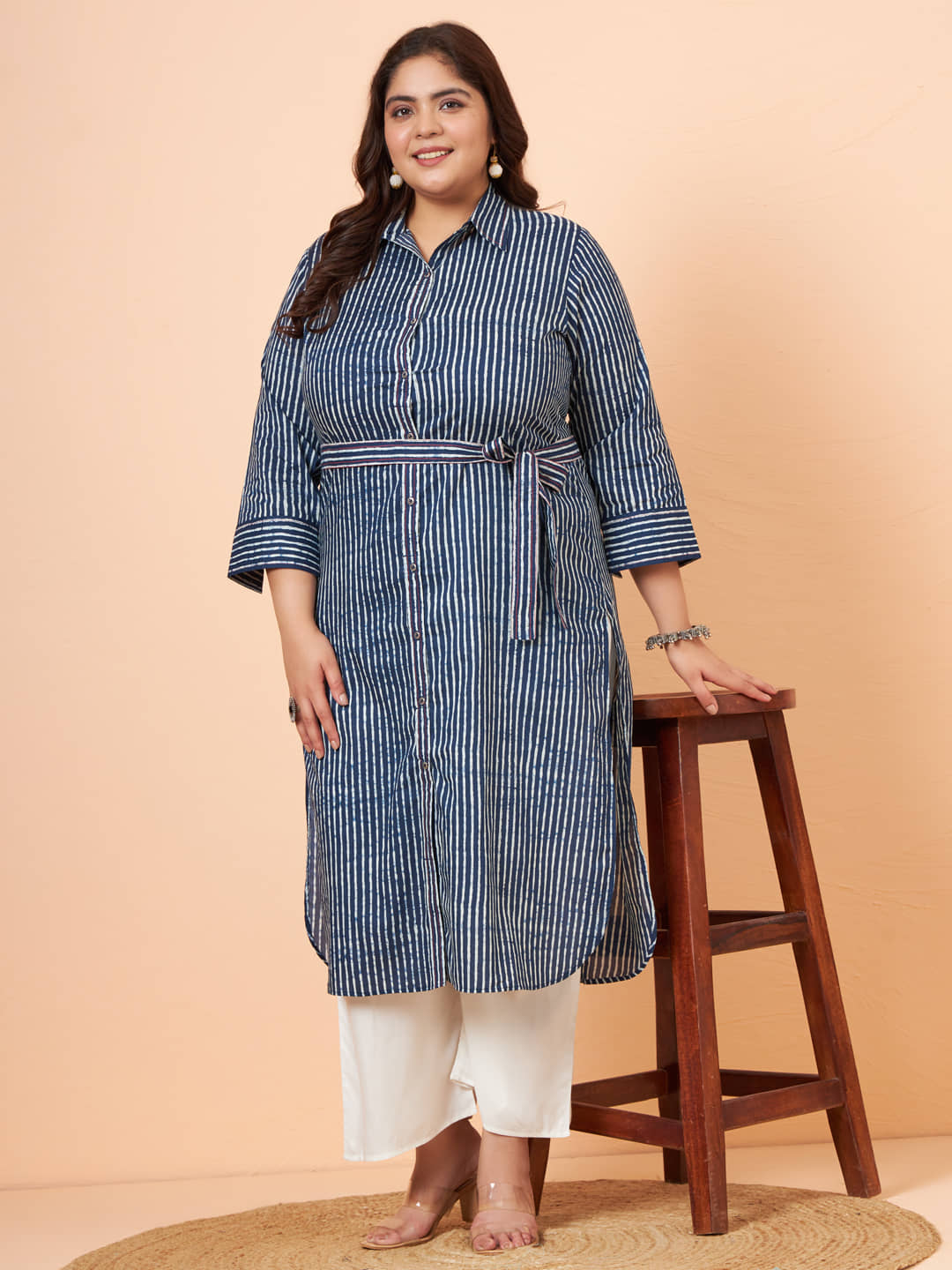 Tissu Cotton Striped Kurti With Palazzo Women's Stitched Salwar Suit - Navy ( Pack of 1 )