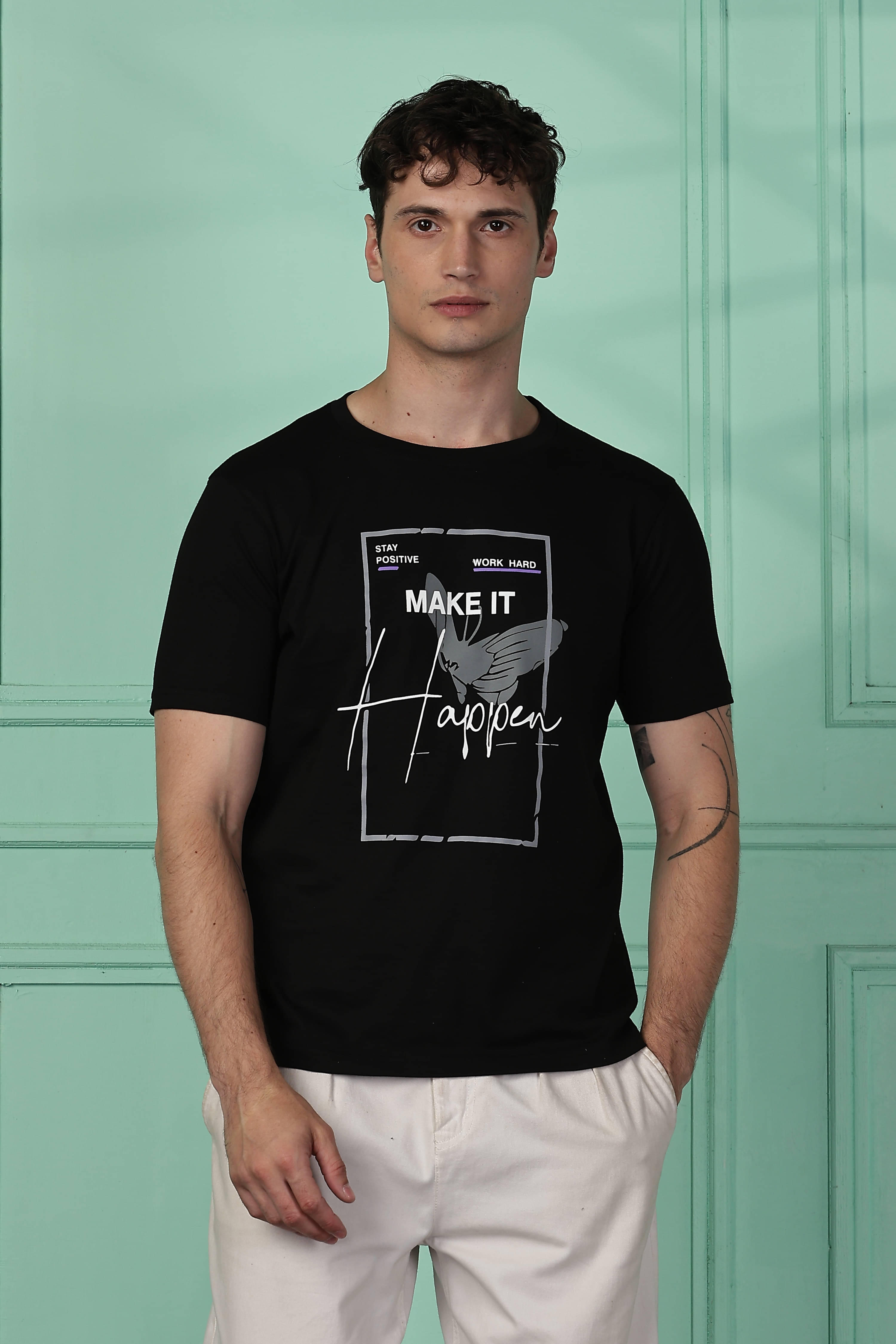     			Y.O.U. 100% Cotton Regular Fit Printed Half Sleeves Men's Round T-Shirt - Black ( Pack of 1 )
