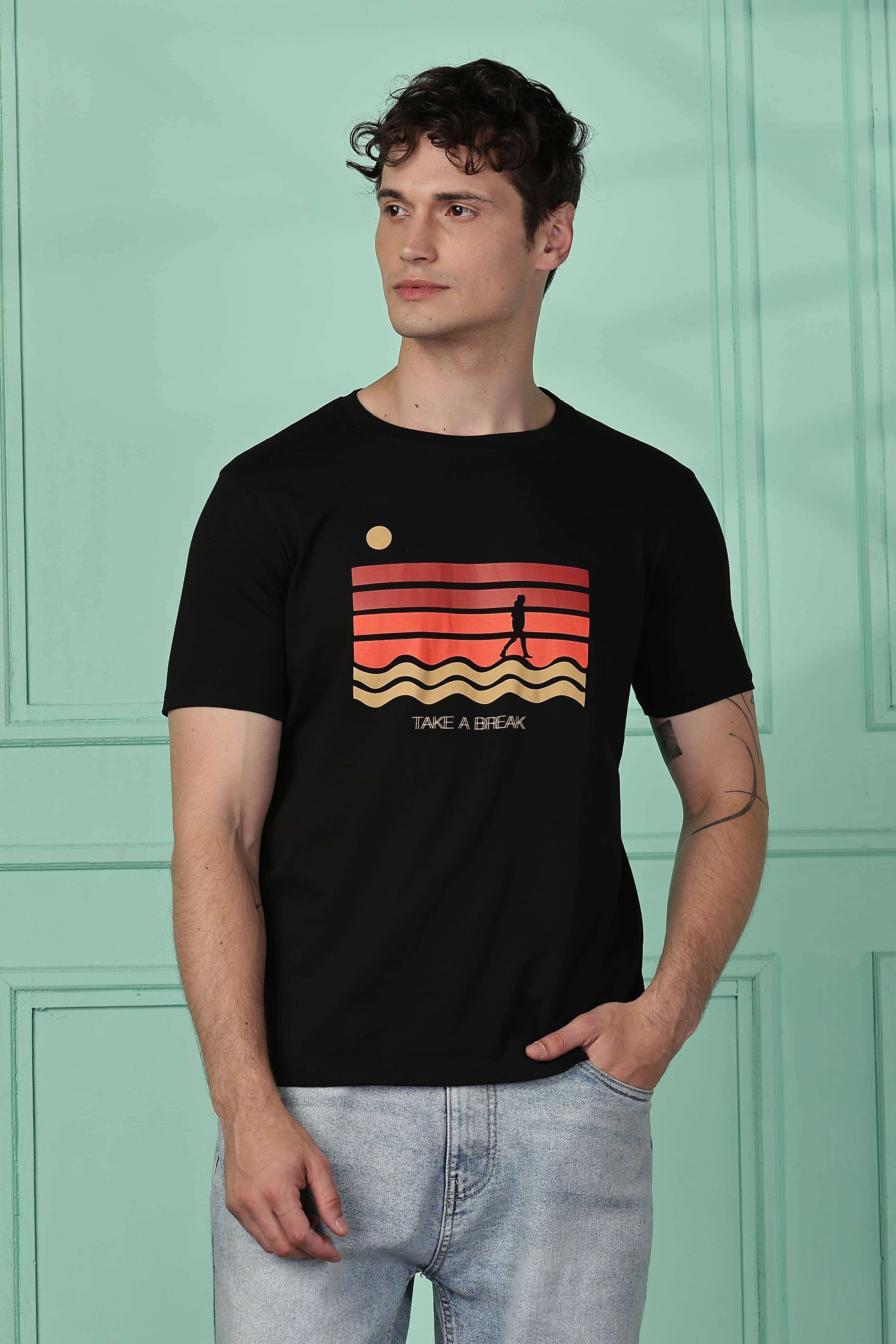     			Y.O.U. 100% Cotton Regular Fit Printed Half Sleeves Men's Round T-Shirt - Black ( Pack of 1 )