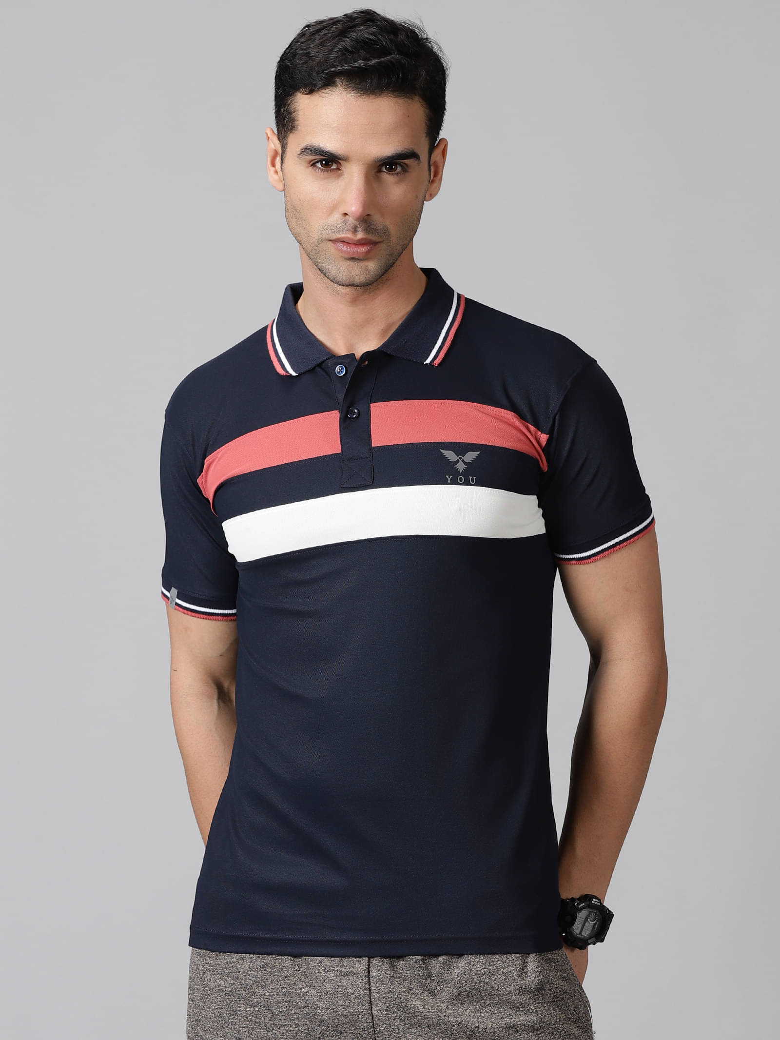     			Y.O.U. Pack of 1 Polyester Slim Fit Colorblock Half Sleeves Men's Polo T Shirt ( Navy Blue )