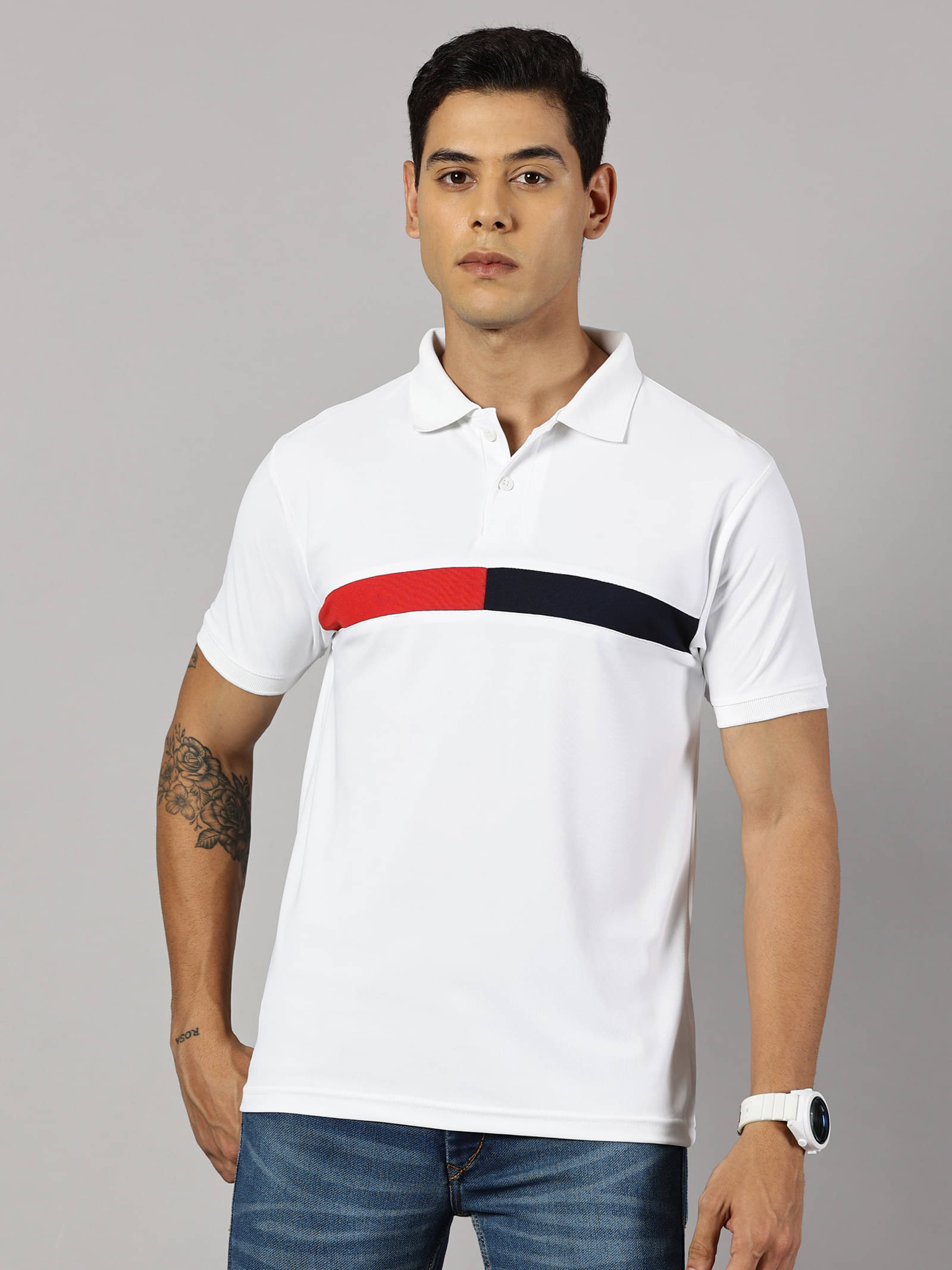     			Y.O.U. Pack of 1 Polyester Slim Fit Colorblock Half Sleeves Men's Polo T Shirt ( White )