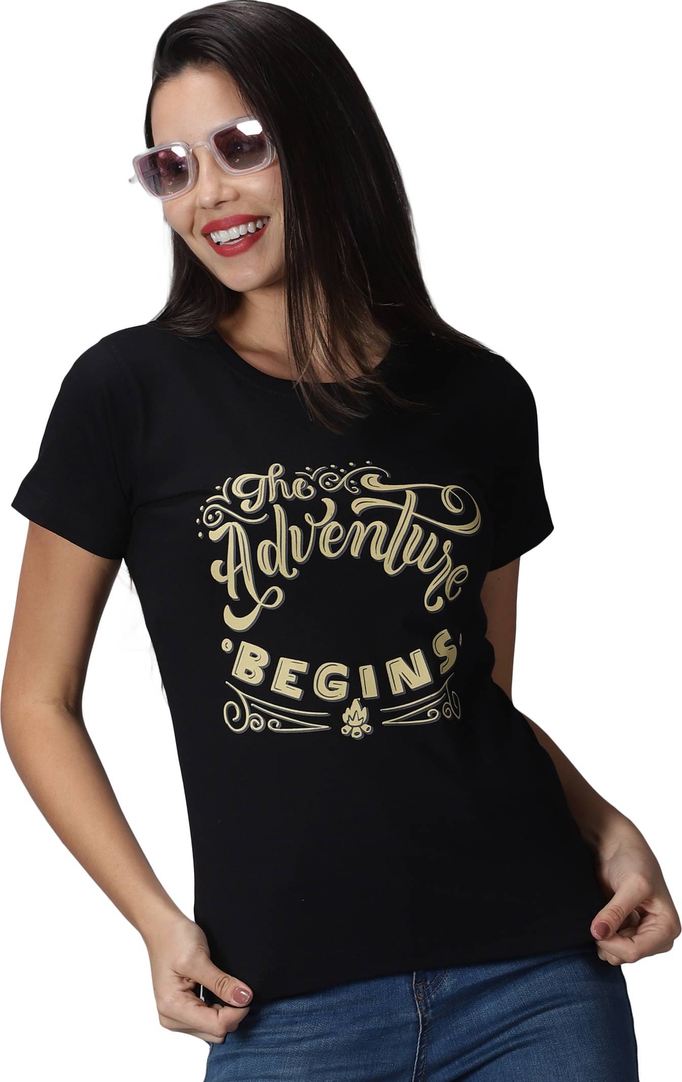 Y.O.U. Women Cotton Printed Regular Fit Round Neck T-Shirt ( Black )     			Y.O.U. Women Cotton Printed Regular Fit Round Neck T-Shirt ( Black )