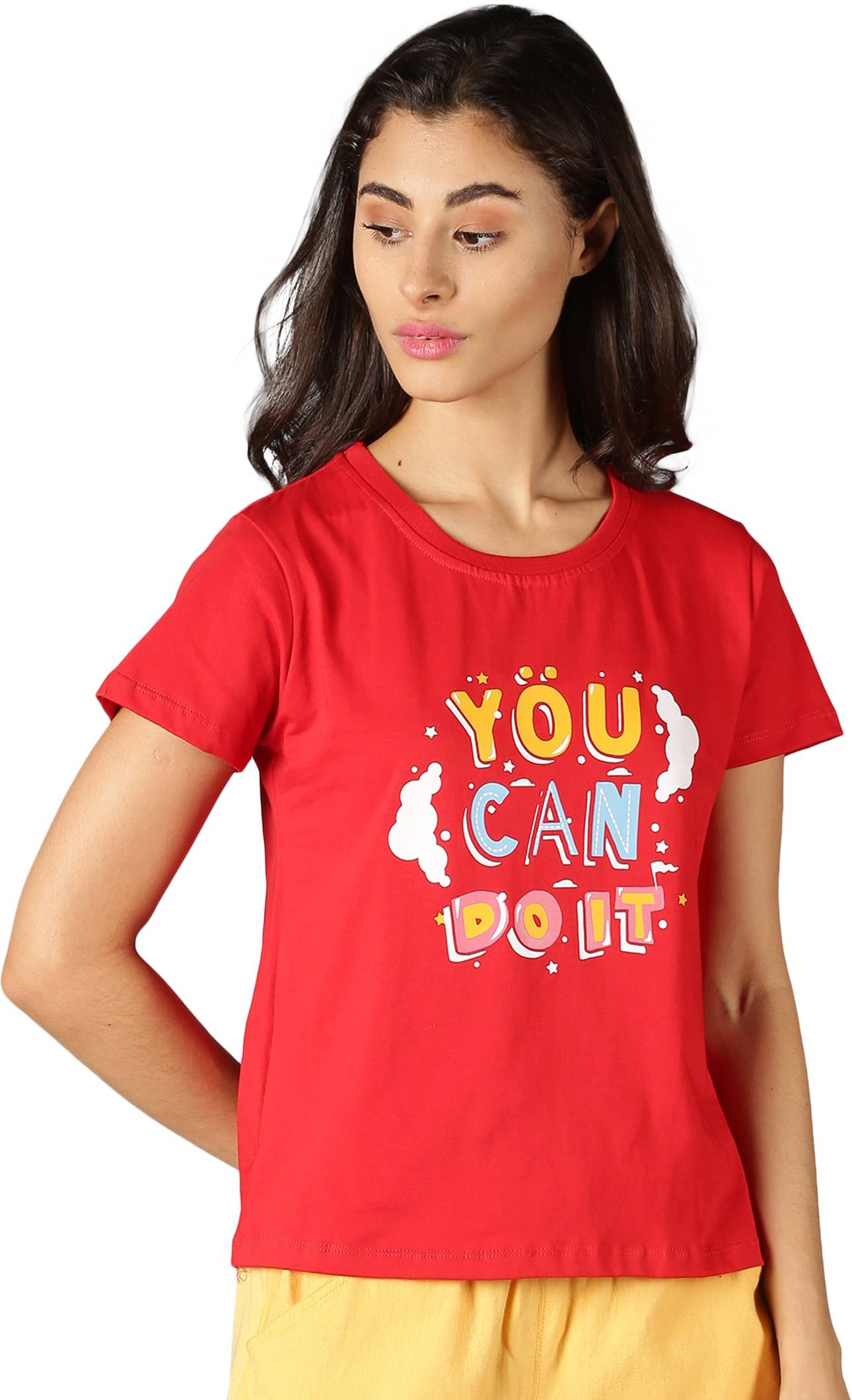 Y.O.U. Women Cotton Blend Printed Slim Fit Round Neck T-Shirt ( Red ) Y.O.U. Women Cotton Blend Printed Slim Fit Round Neck T-Shirt ( Red )