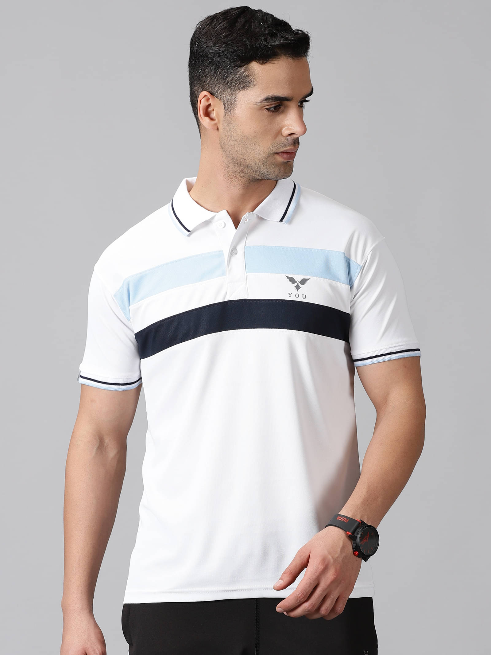     			Y.O.U. Pack of 1 Polyester Slim Fit Colorblock Half Sleeves Men's Polo T Shirt ( White )