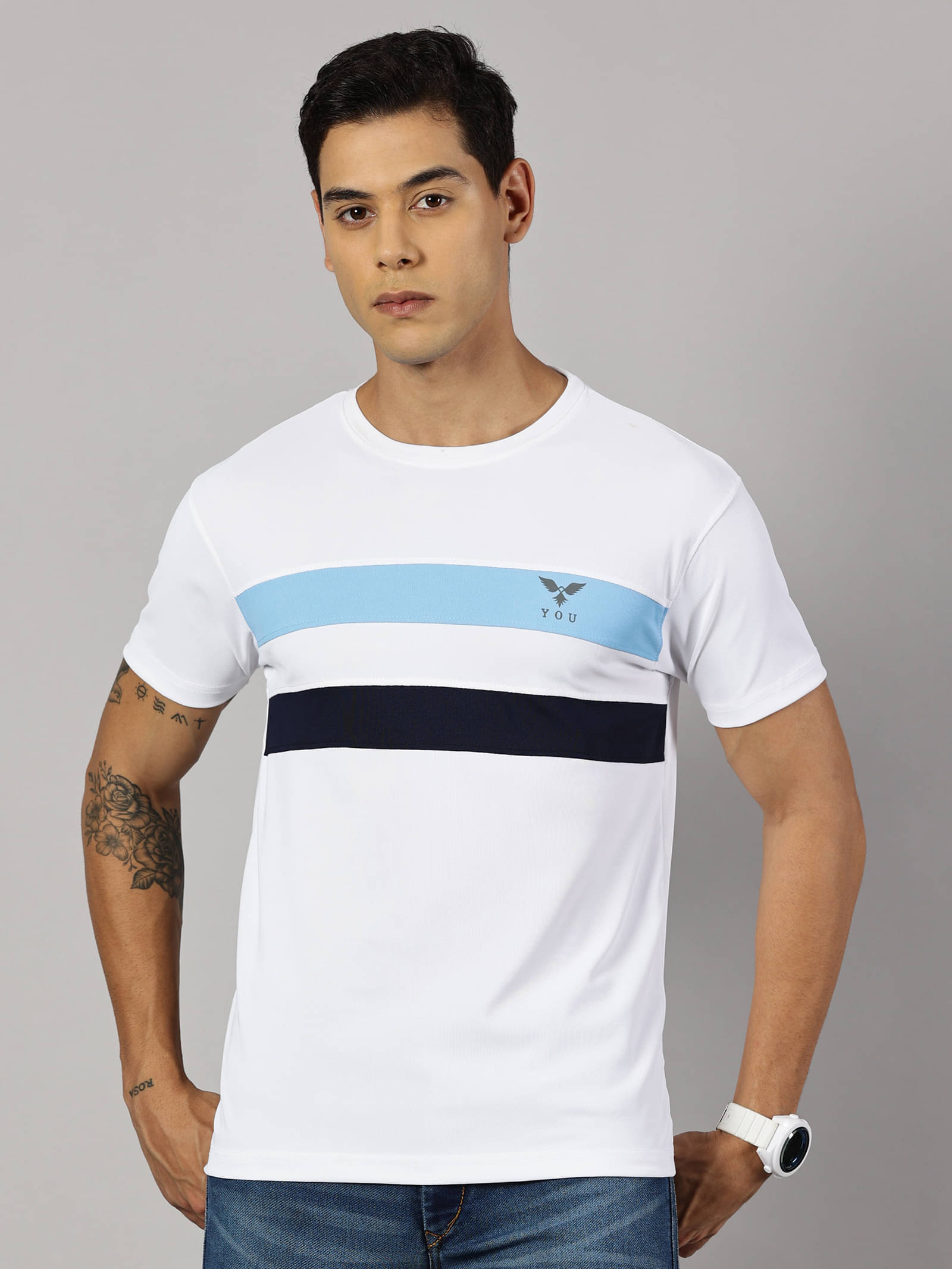 Y.O.U. Polyester Regular Fit Colorblock Half Sleeves Men's Round T-Shirt - White ( Pack of 1 ) Y.O.U. Polyester Regular Fit Colorblock Half Sleeves Men's Round T-Shirt - White ( Pack of 1 )