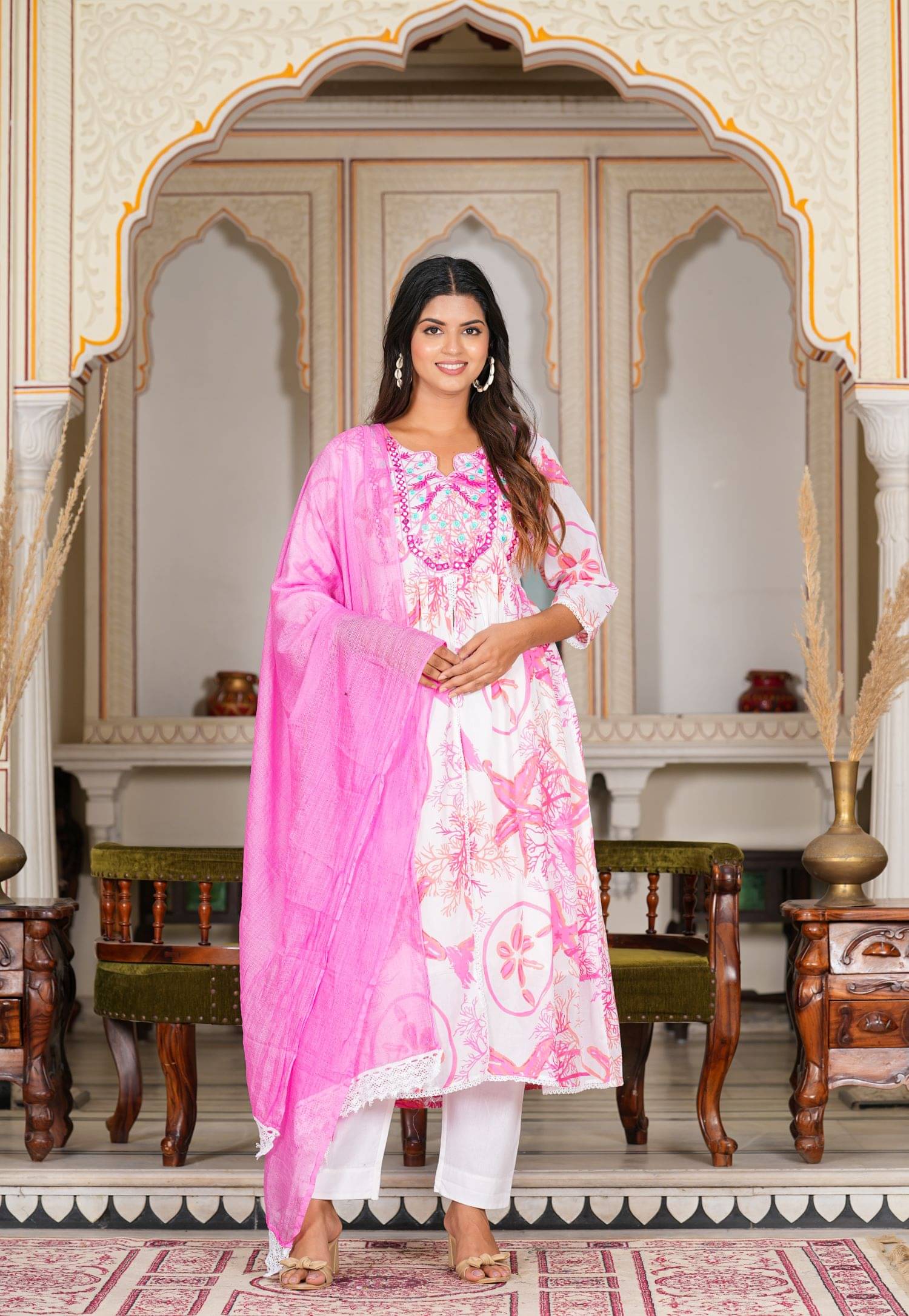 Yash Gallery Cotton Printed Kurti With Pants Women's Stitched Salwar Suit - Pink ( Pack of 1 ) Yash Gallery Cotton Printed Kurti With Pants Women's Stitched Salwar Suit - Pink ( Pack of 1 )