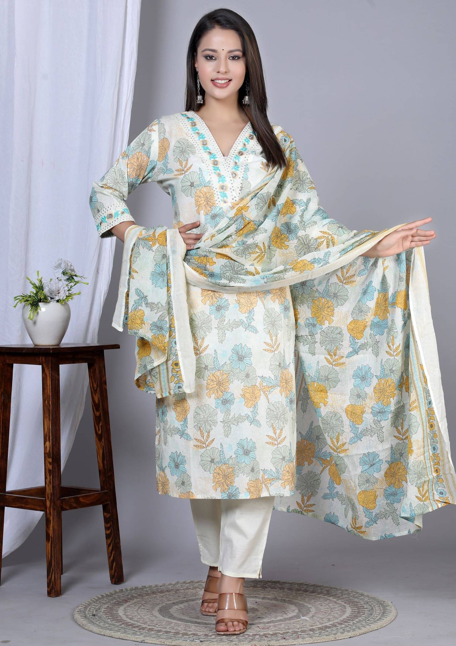     			Yash Gallery Cotton Printed Kurti With Pants Women's Stitched Salwar Suit - Mustard ( Pack of 1 )
