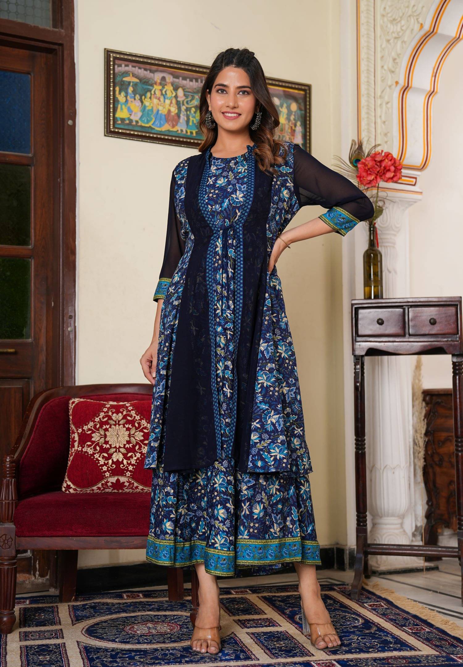 Yash Gallery Women Polyester Printed Fit & Flare Dress ( Blue ) Yash Gallery Women Polyester Printed Fit & Flare Dress ( Blue )
