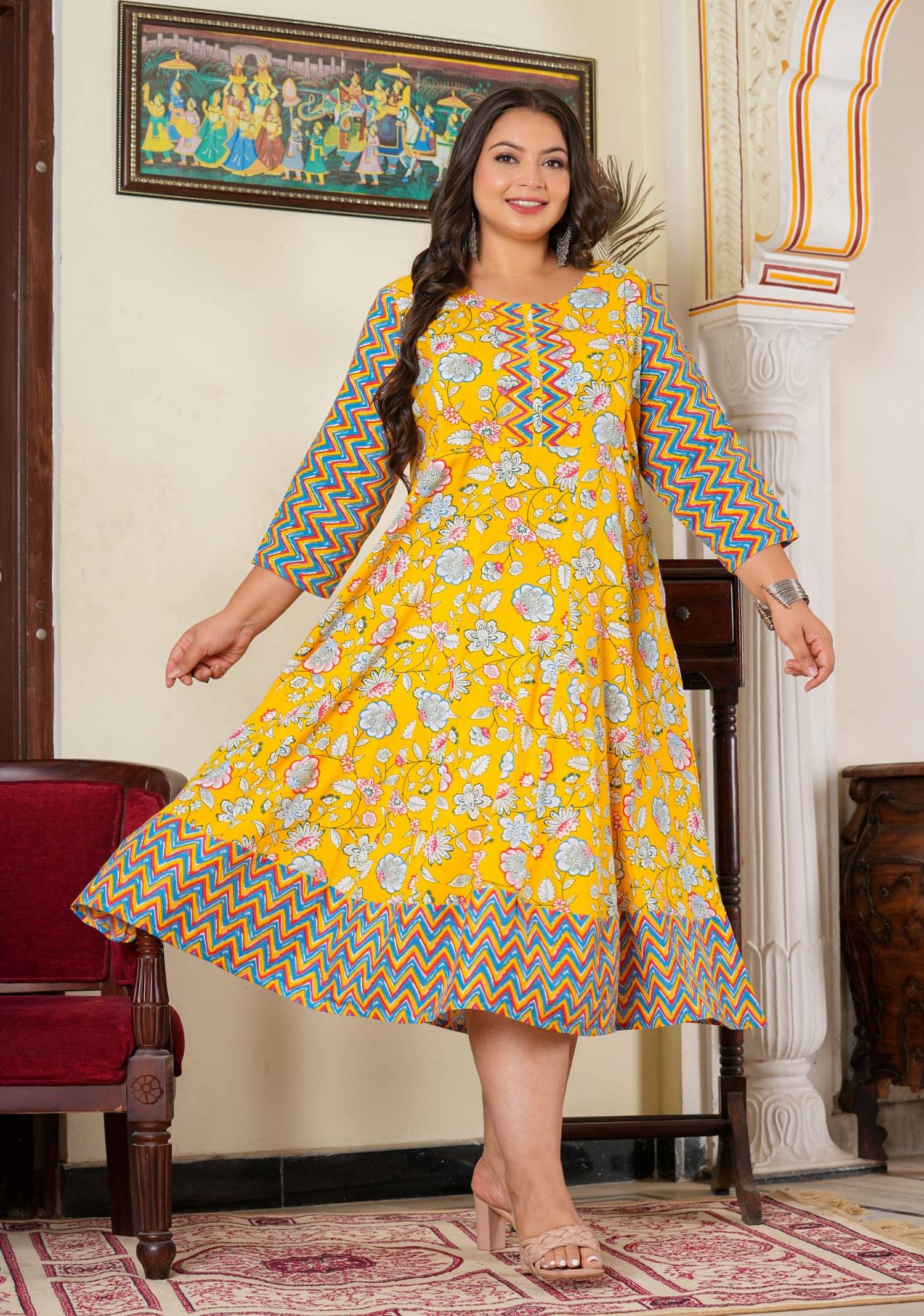     			Yash Gallery Women Rayon Printed Fit & Flare Dress ( Yellow )