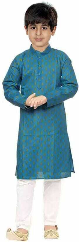     			hrr Boys Cotton Blend Ethnic - Pattern Kurta Pyjama Set ( Blue , Pack of 1 )