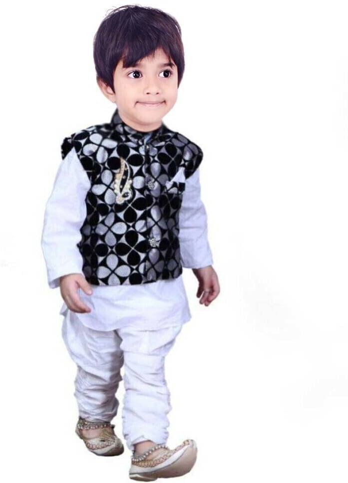 hrr Boys Silk Floral - Pattern Kurta Pyjama Set ( White , Pack of 1 ) hrr Boys Silk Floral - Pattern Kurta Pyjama Set ( White , Pack of 1 )