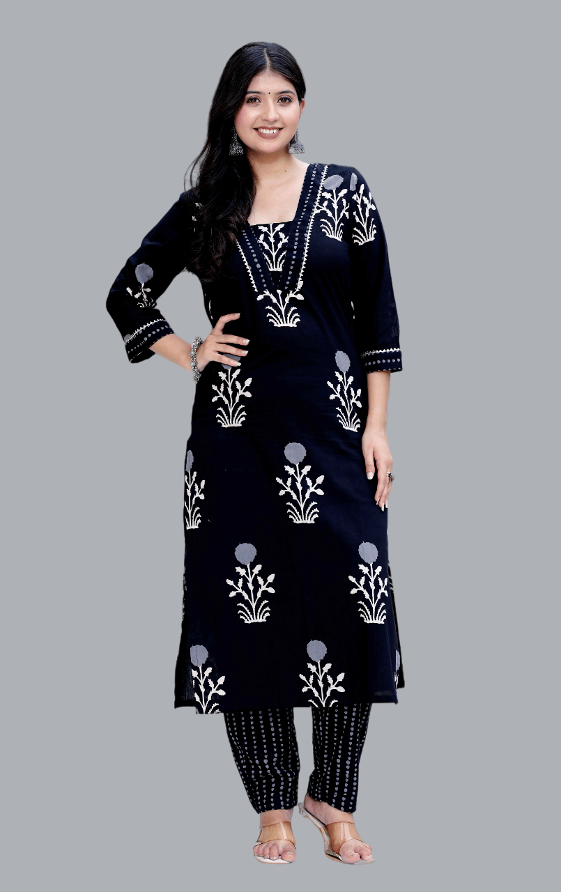     			Angiya Cotton Printed Kurti With Pants Women's Stitched Salwar Suit - Black ( Pack of 1 )