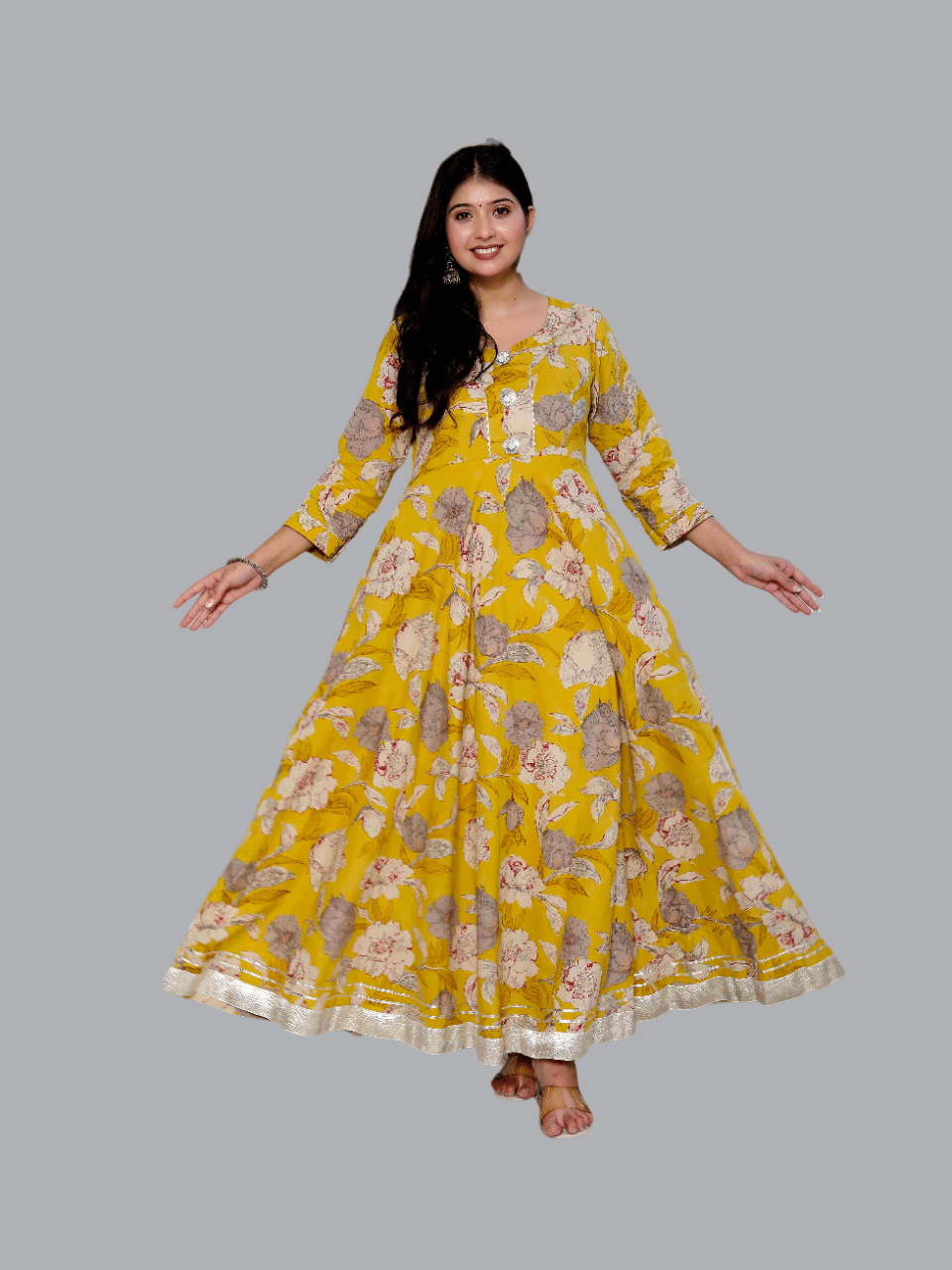 Angiya Pack of 1 Cotton Printed Anarkali Women's Kurti - ( Yellow ) Angiya Pack of 1 Cotton Printed Anarkali Women's Kurti - ( Yellow )