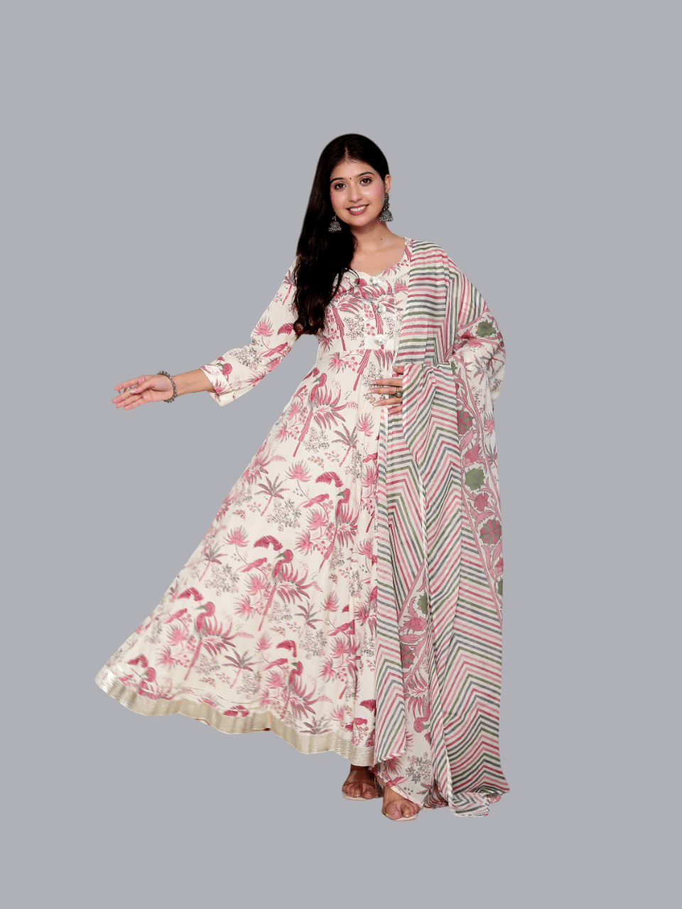     			Angiya Pack of 1 Cotton Printed Anarkali Women's Kurti - ( Pink )
